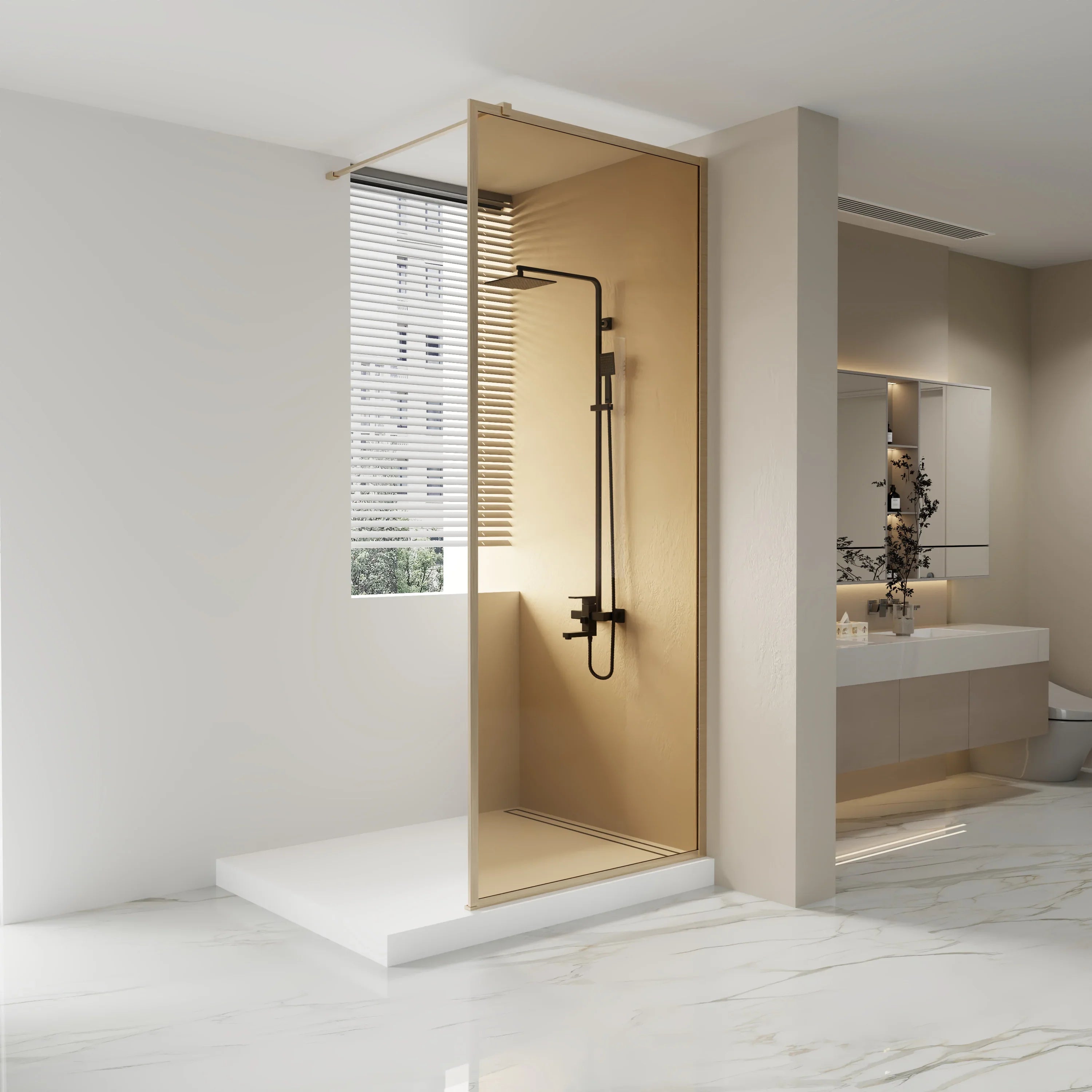 34" x 79" Reversible Framed Walk-In Shower Panel in Brushed Gold with Brown Tinted Glass