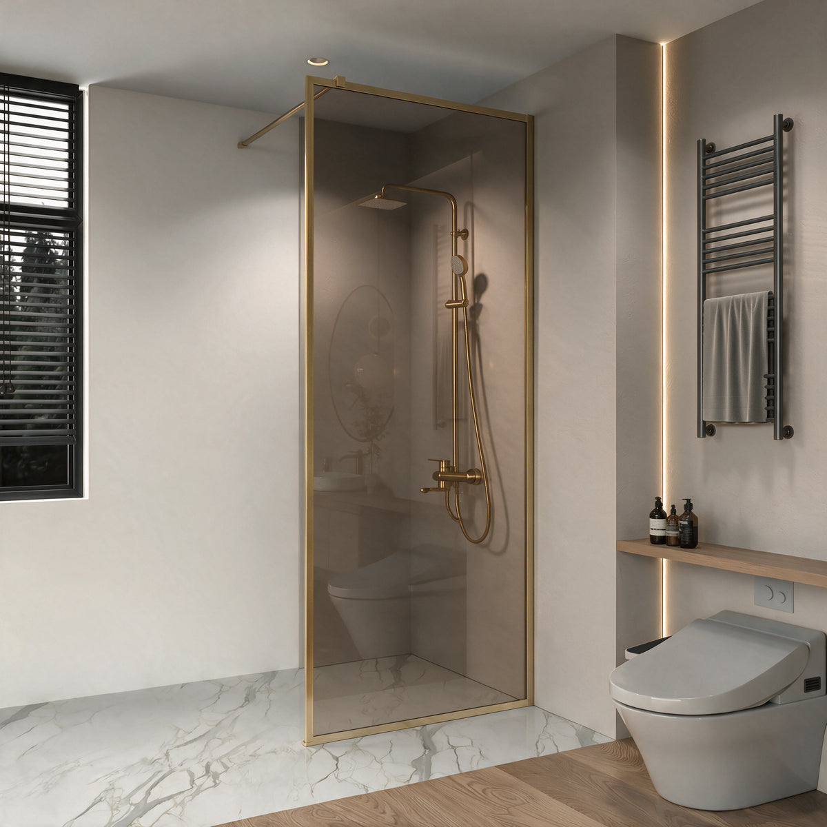 34" x 79" Reversible Framed Walk-In Shower Panel in Brushed Gold with Brown Tinted Glass