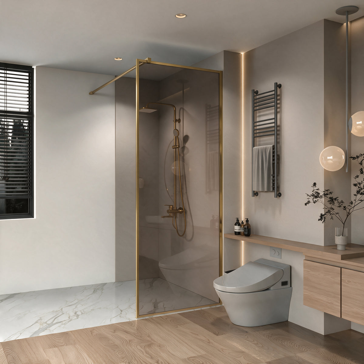 34" x 79" Reversible Framed Walk-In Shower Panel in Brushed Gold with Brown Tinted Glass