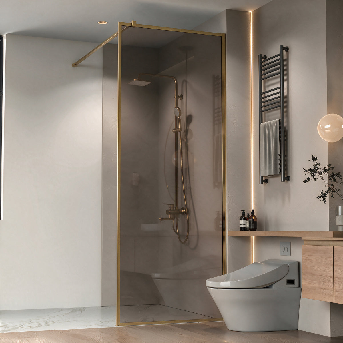 34" x 79" Reversible Framed Walk-In Shower Panel in Brushed Gold with Brown Tinted Glass