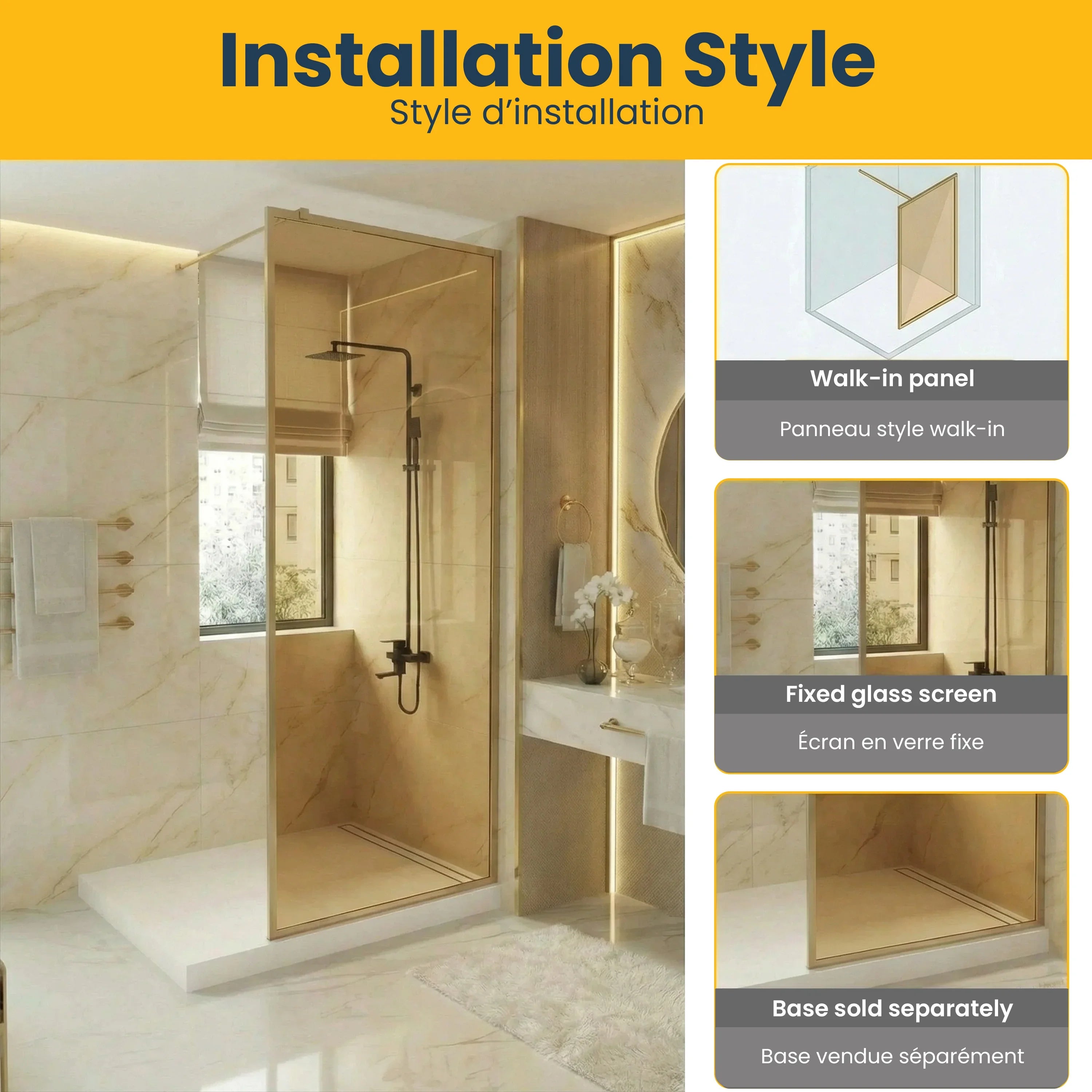 34" x 79" Reversible Framed Walk-In Shower Panel in Brushed Gold with Brown Tinted Glass