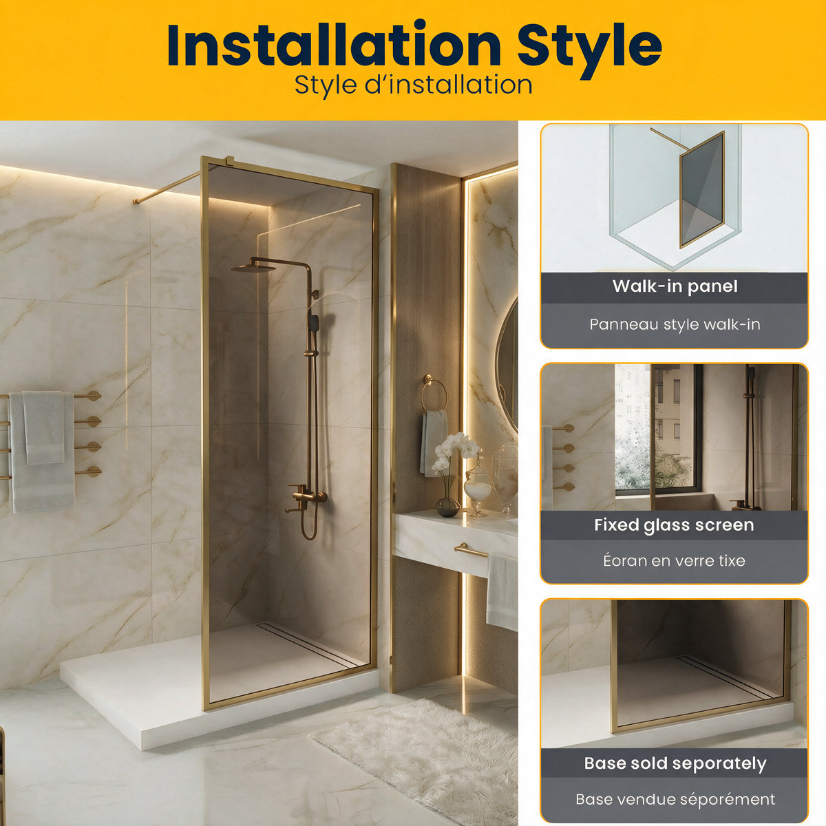 34" x 79" Reversible Framed Walk-In Shower Panel in Brushed Gold with Brown Tinted Glass