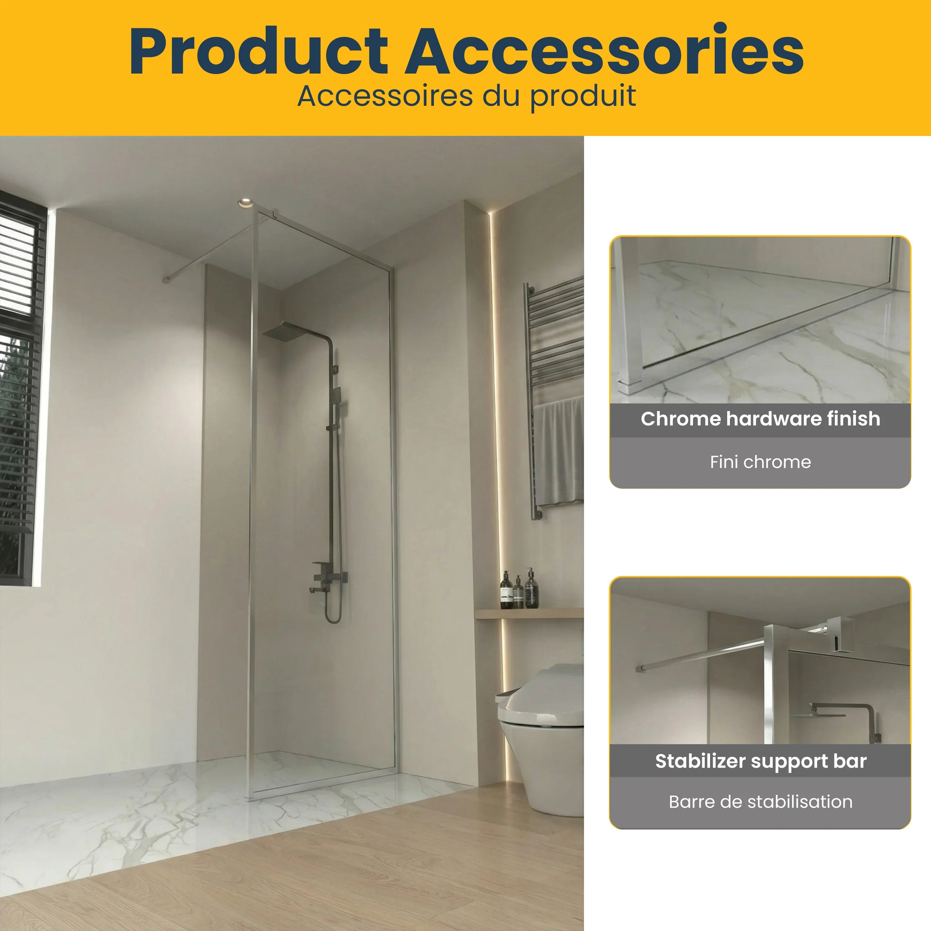 Panneau de Douche Fixe 34po x 79po Chrome Réversible avec Verre Cannelé Ultra Clair