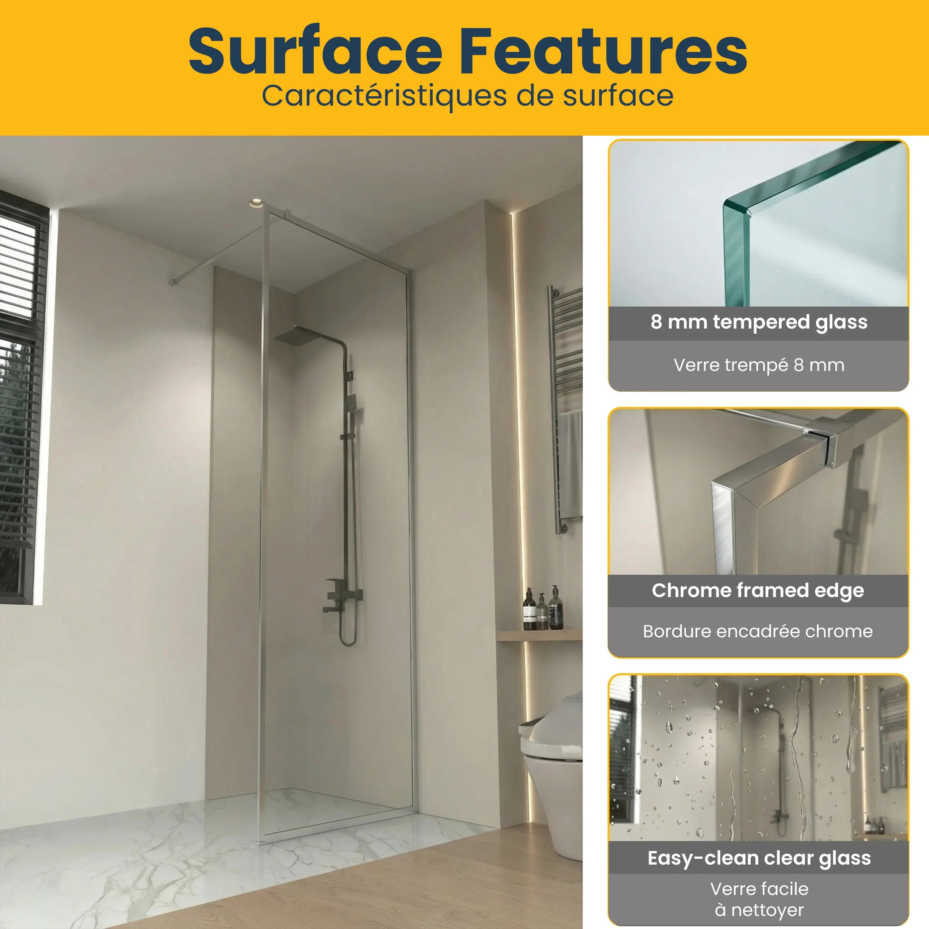 Panneau de Douche Fixe 34po x 79po Chrome Réversible avec Verre Cannelé Ultra Clair