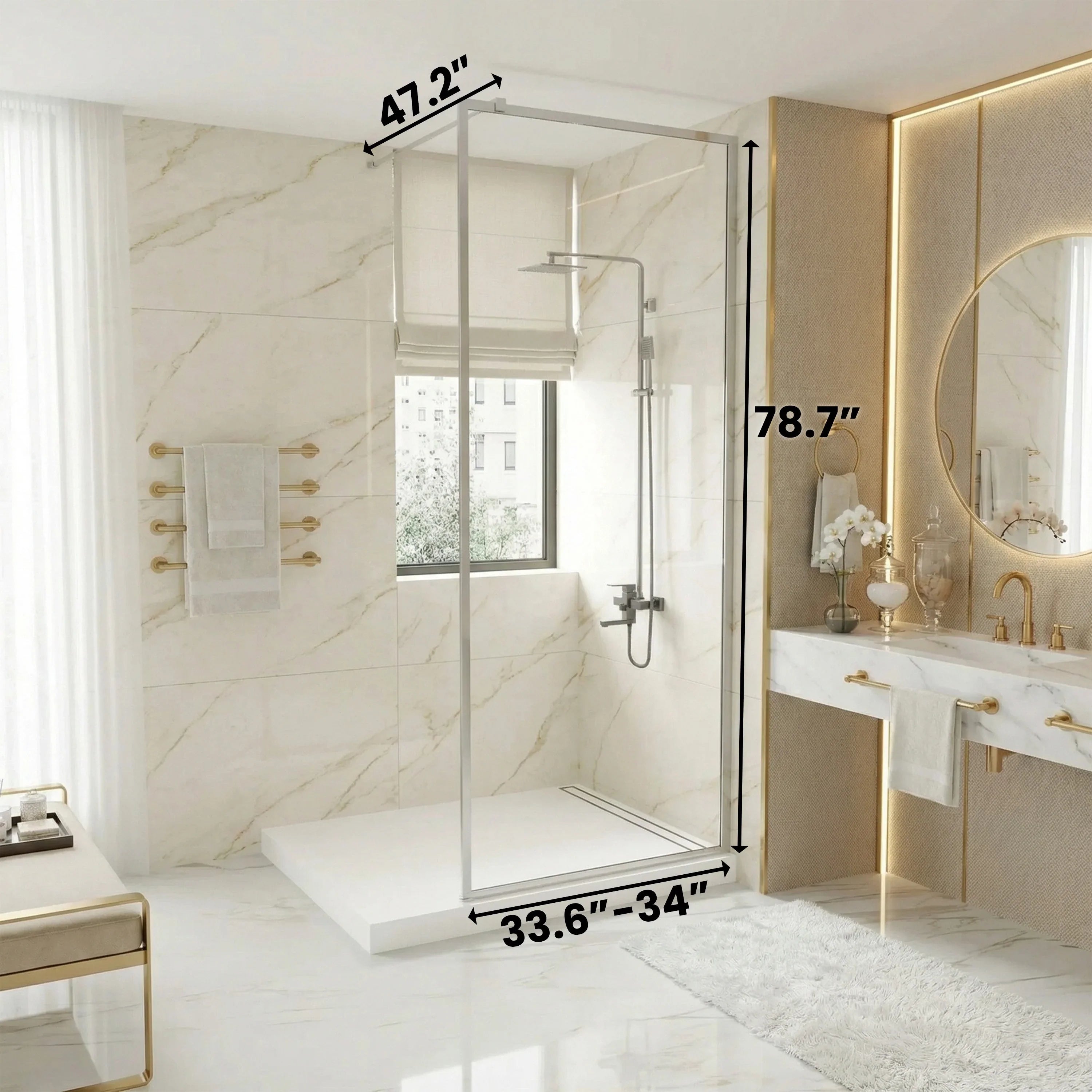 Panneau de Douche Fixe 34po x 79po Chrome Réversible avec Verre Cannelé Ultra Clair