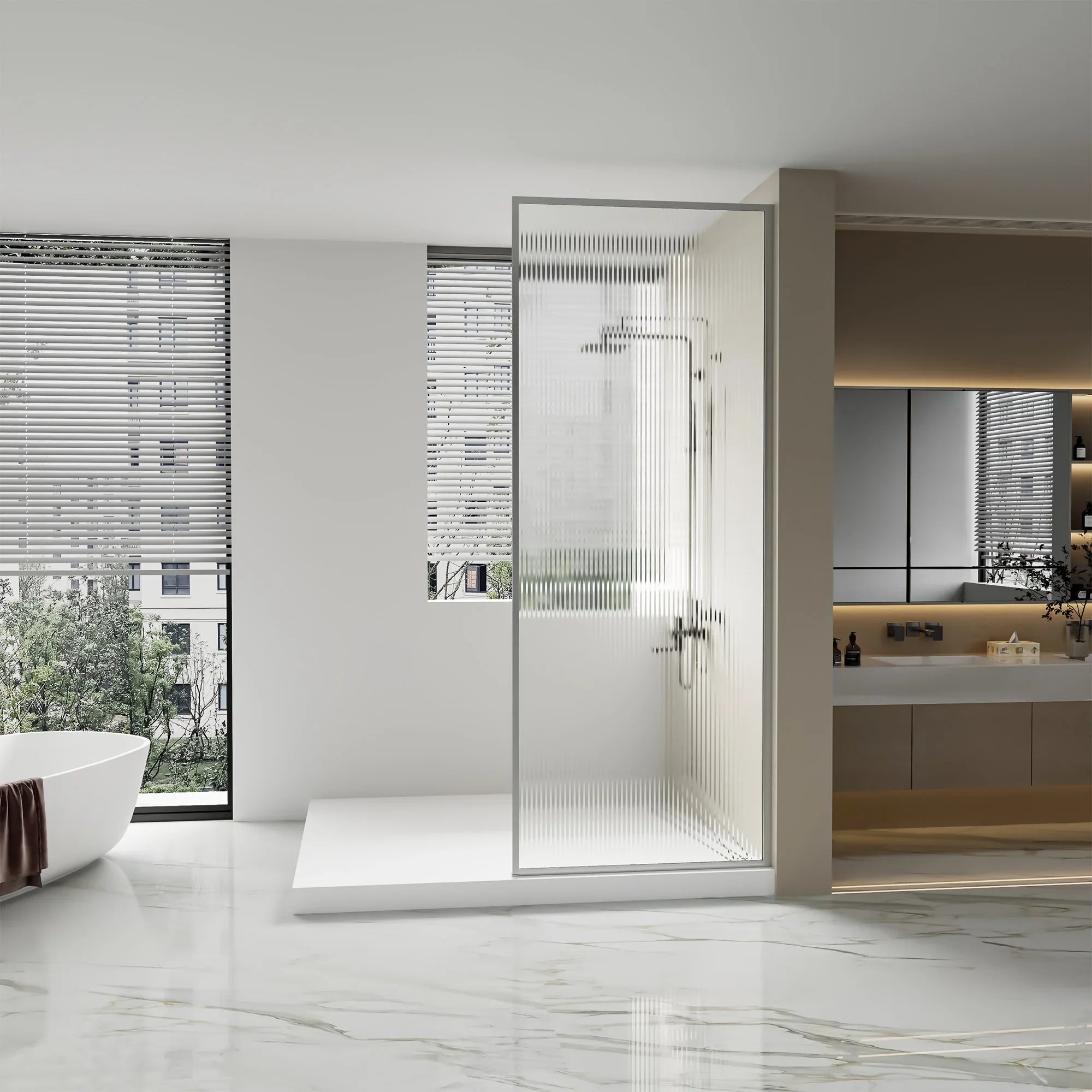 Panneau de Douche Fixe 34po x 79po Chrome Réversible avec Verre Cannelé Ultra Clair