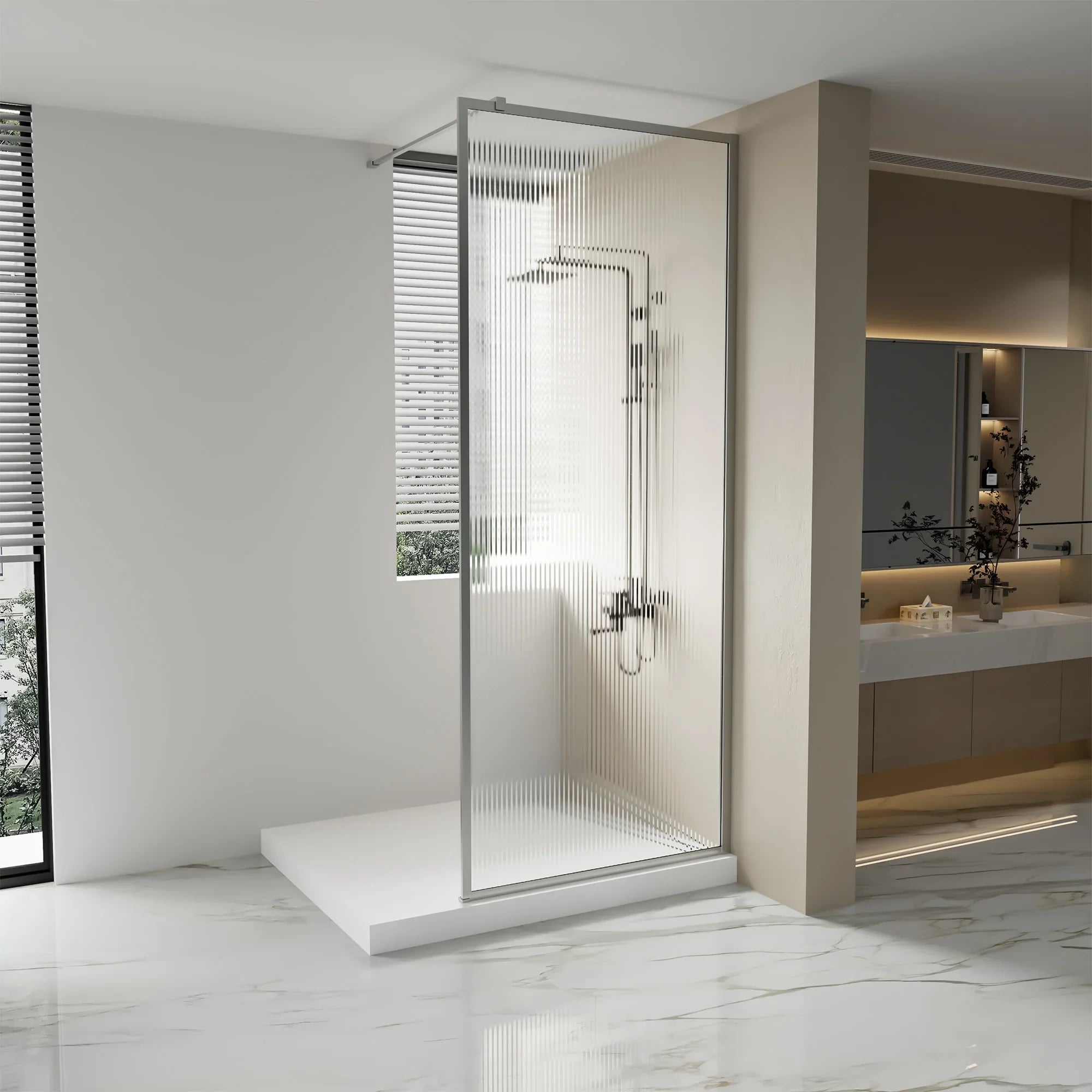 Panneau de Douche Fixe 34po x 79po Chrome Réversible avec Verre Cannelé Ultra Clair