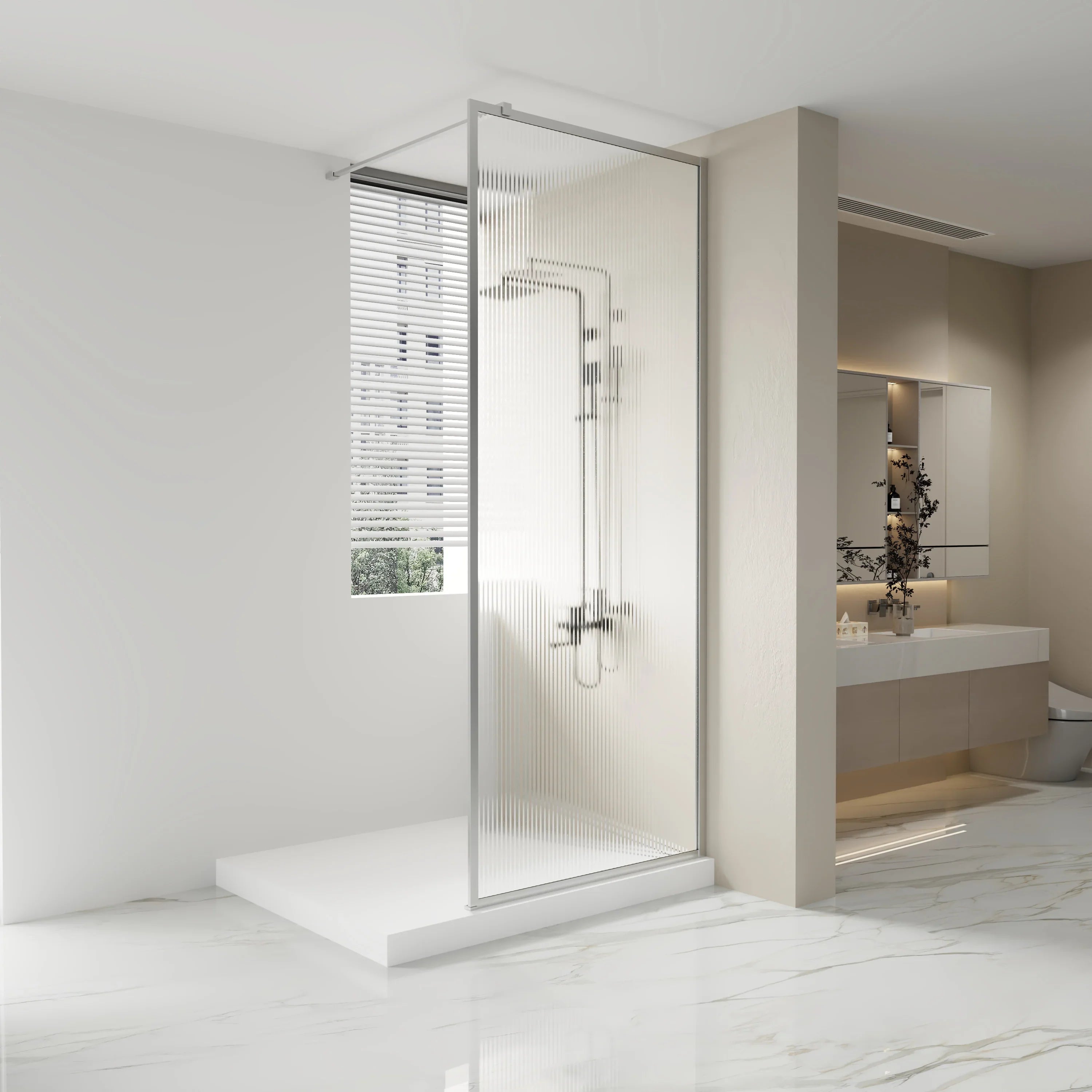 Panneau de Douche Fixe 34po x 79po Chrome Réversible avec Verre Cannelé Ultra Clair