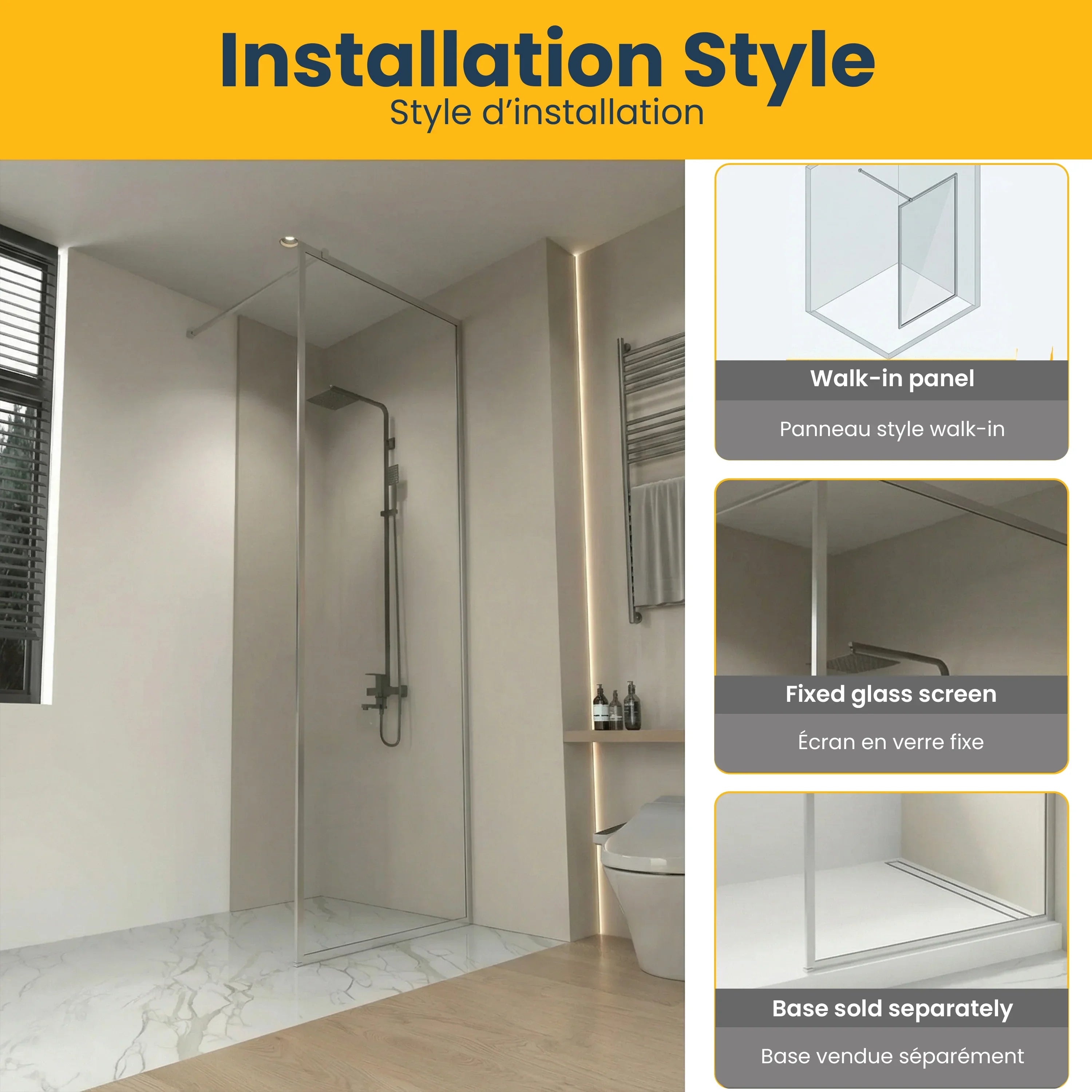 Panneau de Douche Fixe 34po x 79po Chrome Réversible avec Verre Cannelé Ultra Clair