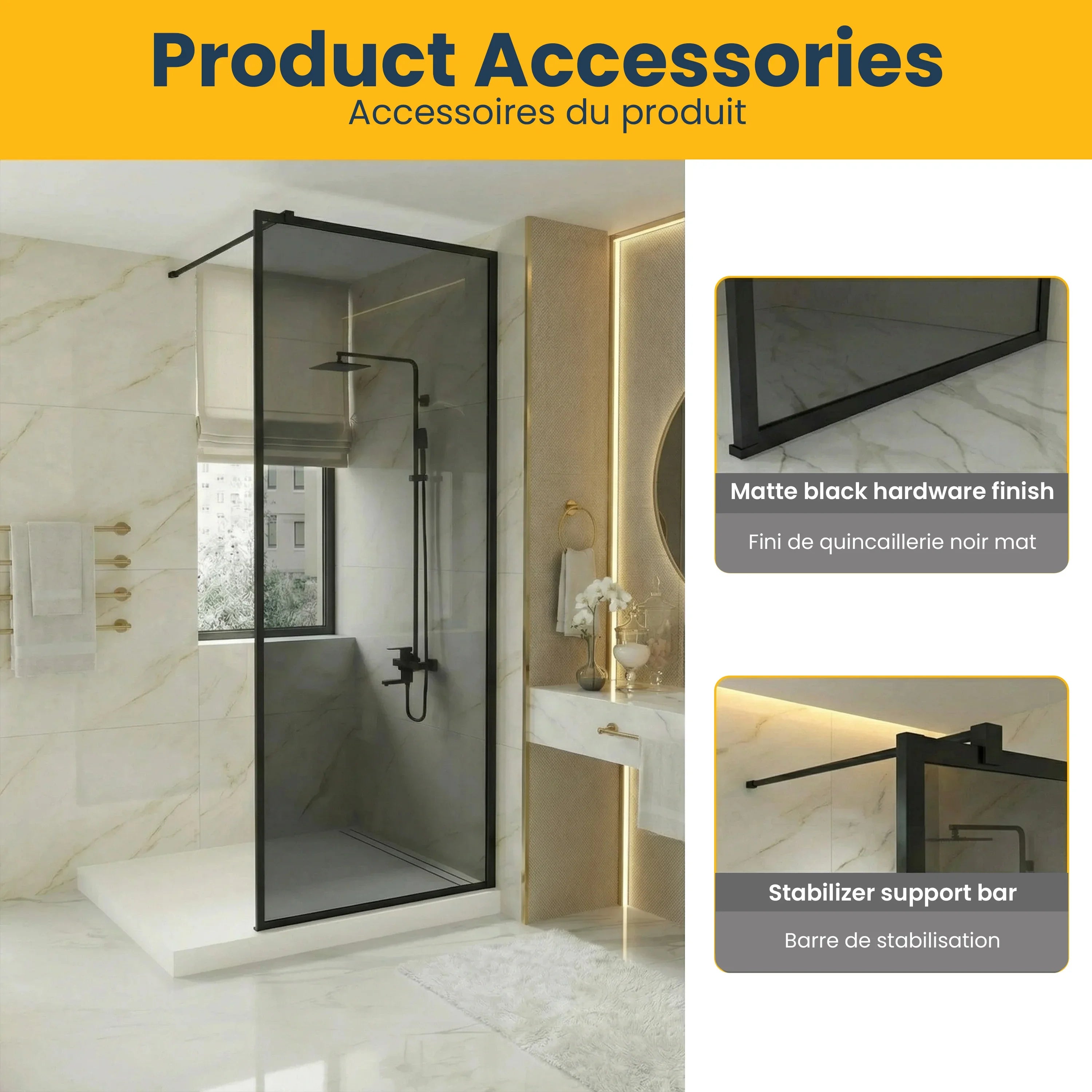 Panneau de Douche Walk-In 34po x 79po Noir Mat avec Verre Gris Teinté Réversible