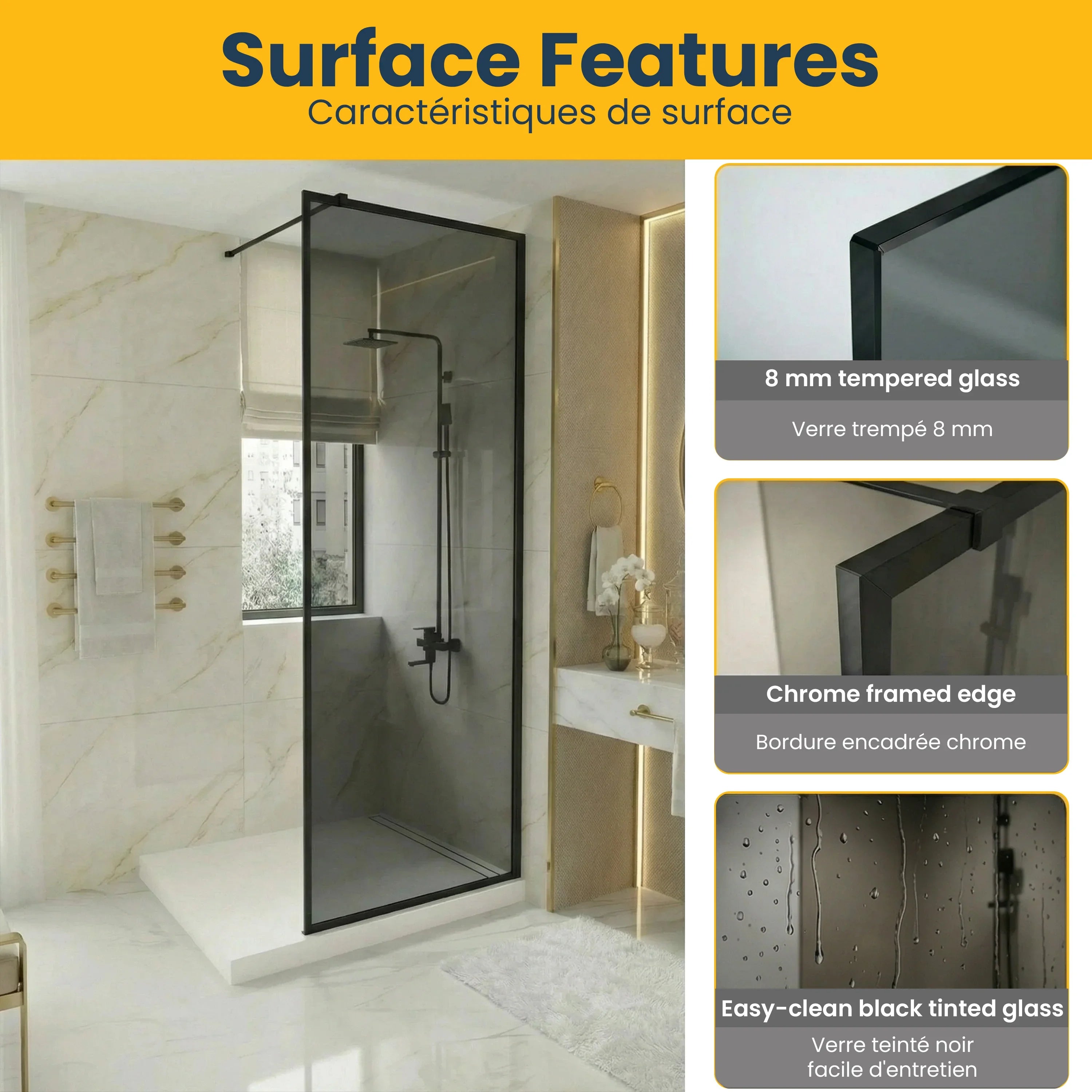 Panneau de Douche Walk-In 34po x 79po Noir Mat avec Verre Gris Teinté Réversible