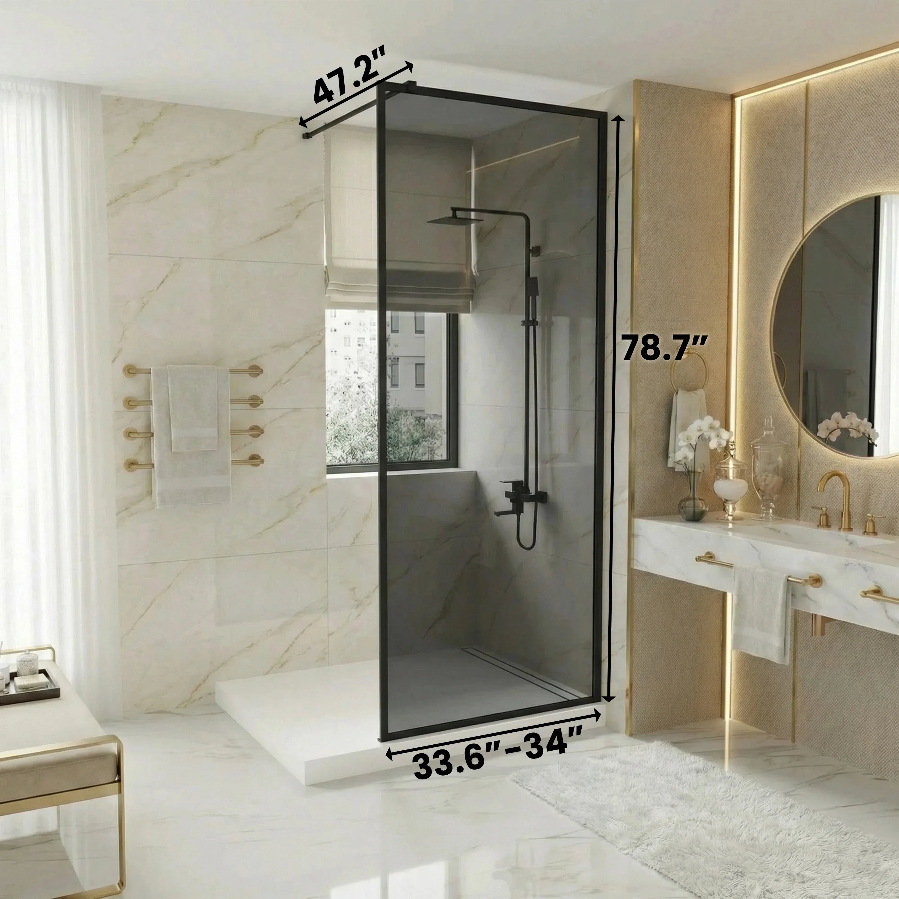 Panneau de Douche Walk-In 34po x 79po Noir Mat avec Verre Gris Teinté Réversible