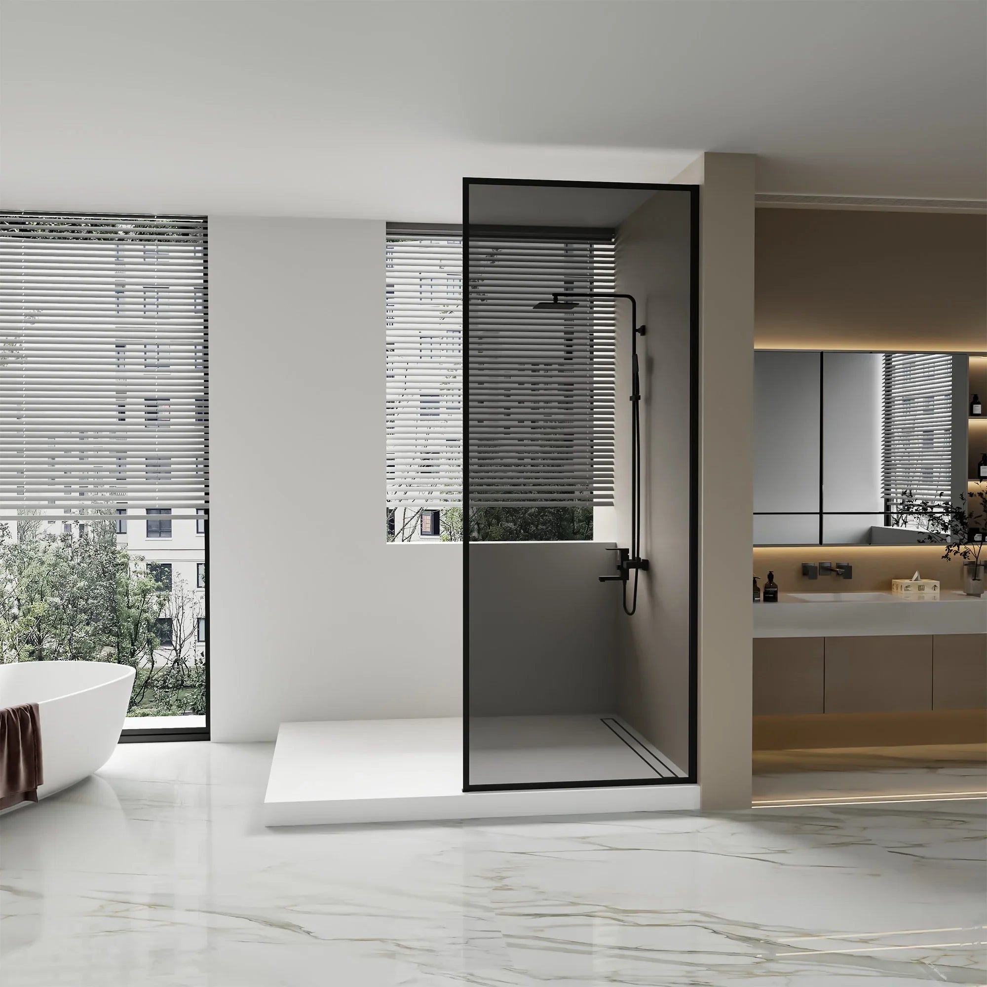 Panneau de Douche Walk-In 34po x 79po Noir Mat avec Verre Gris Teinté Réversible