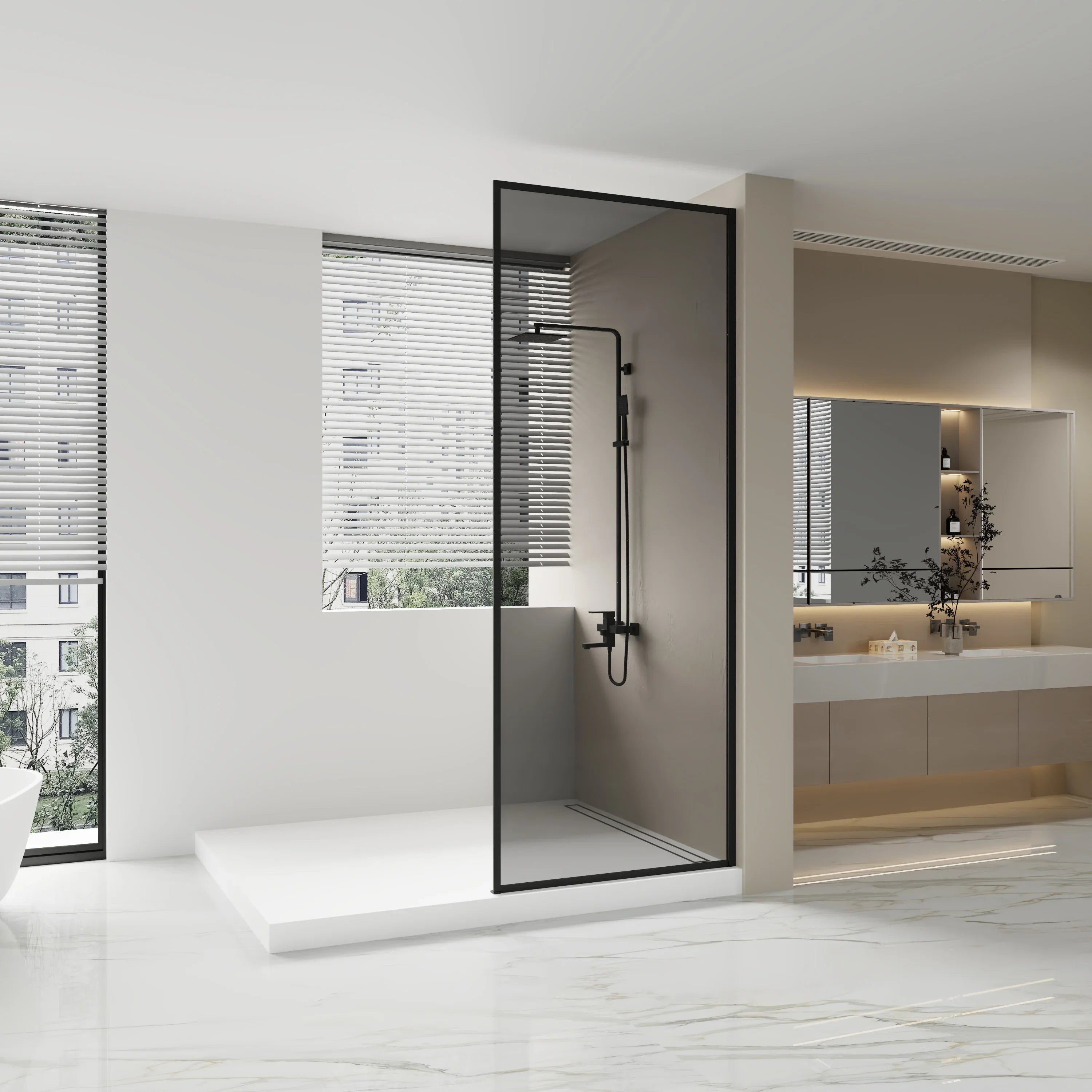 Panneau de Douche Walk-In 34po x 79po Noir Mat avec Verre Gris Teinté Réversible