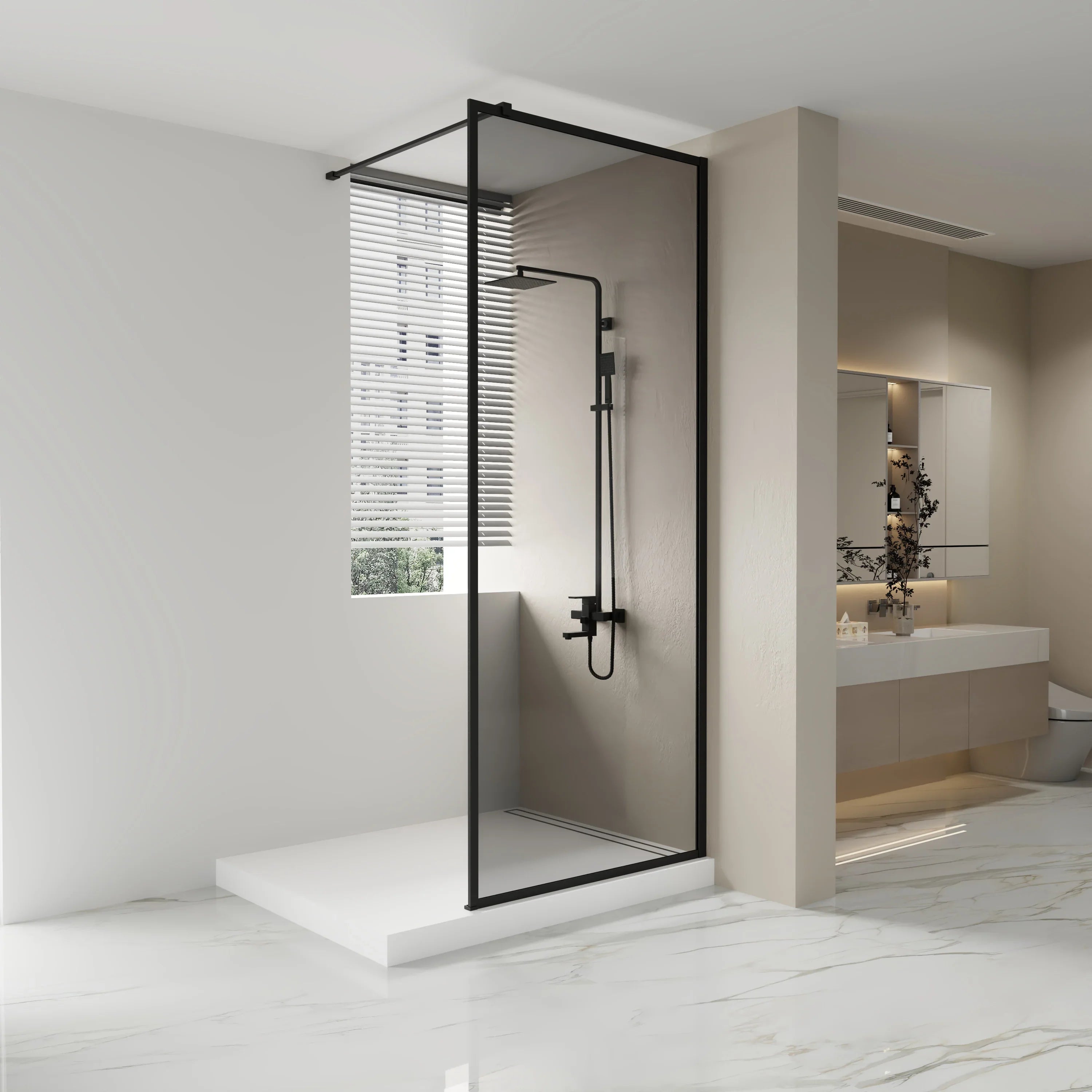 Panneau de Douche Walk-In 34po x 79po Noir Mat avec Verre Gris Teinté Réversible