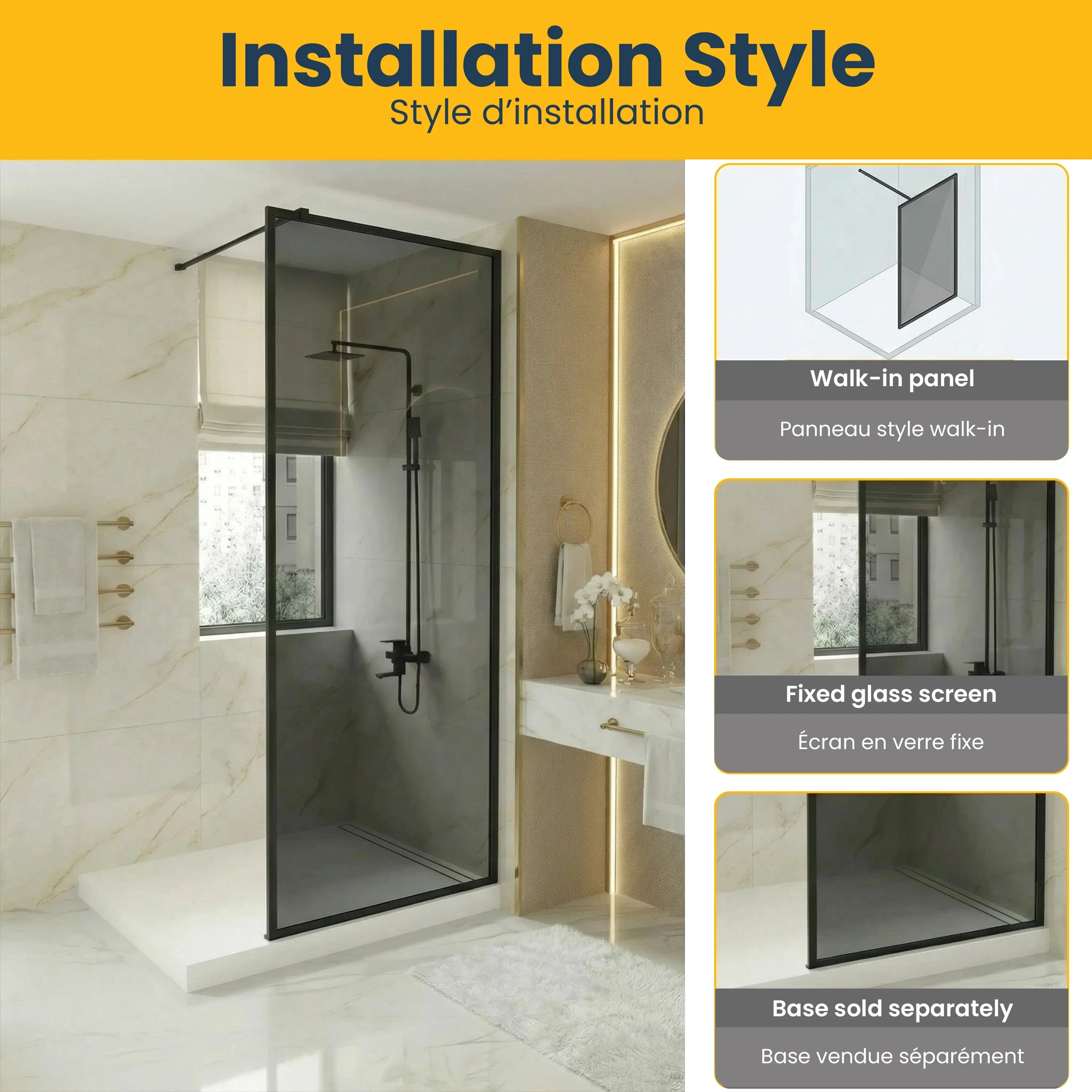 Panneau de Douche Walk-In 34po x 79po Noir Mat avec Verre Gris Teinté Réversible