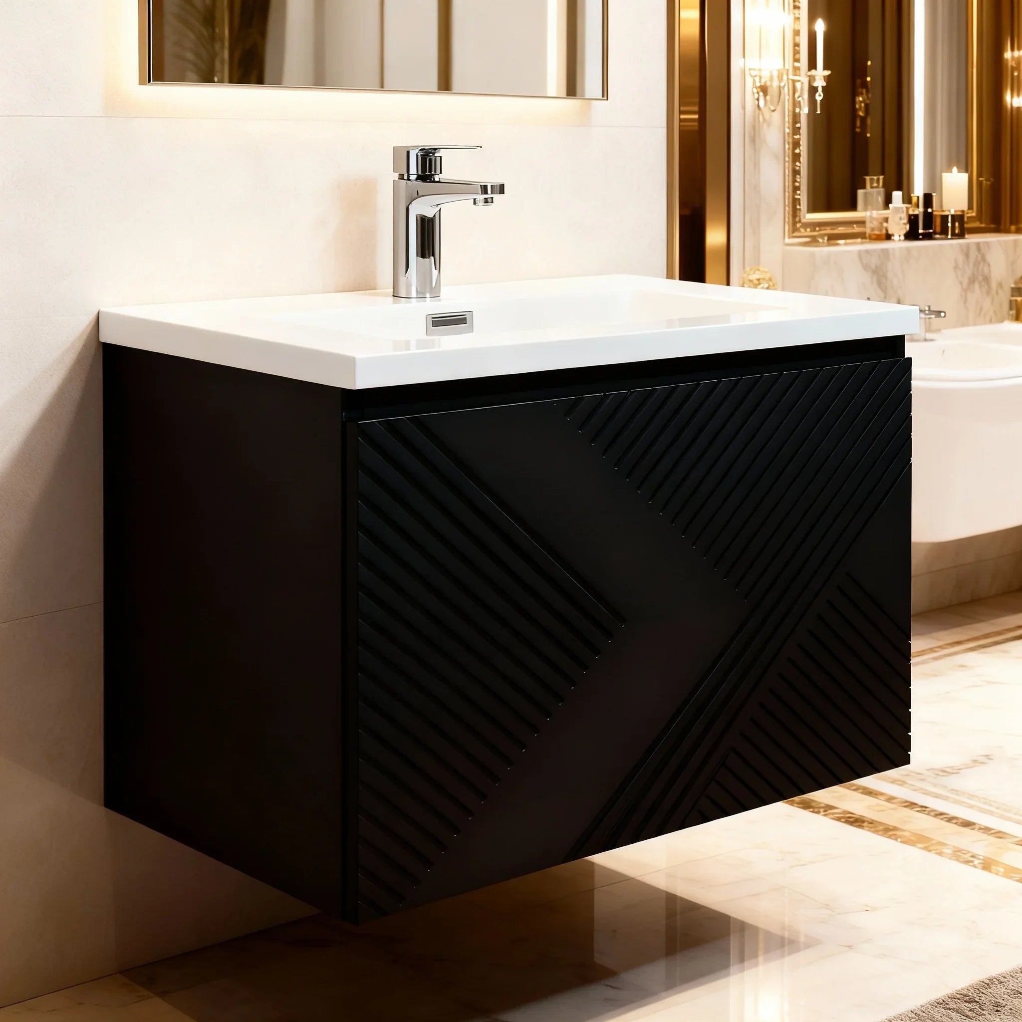 Meuble-Lavabo Mural 36po Noir avec Comptoir en Polymarbre Blanc