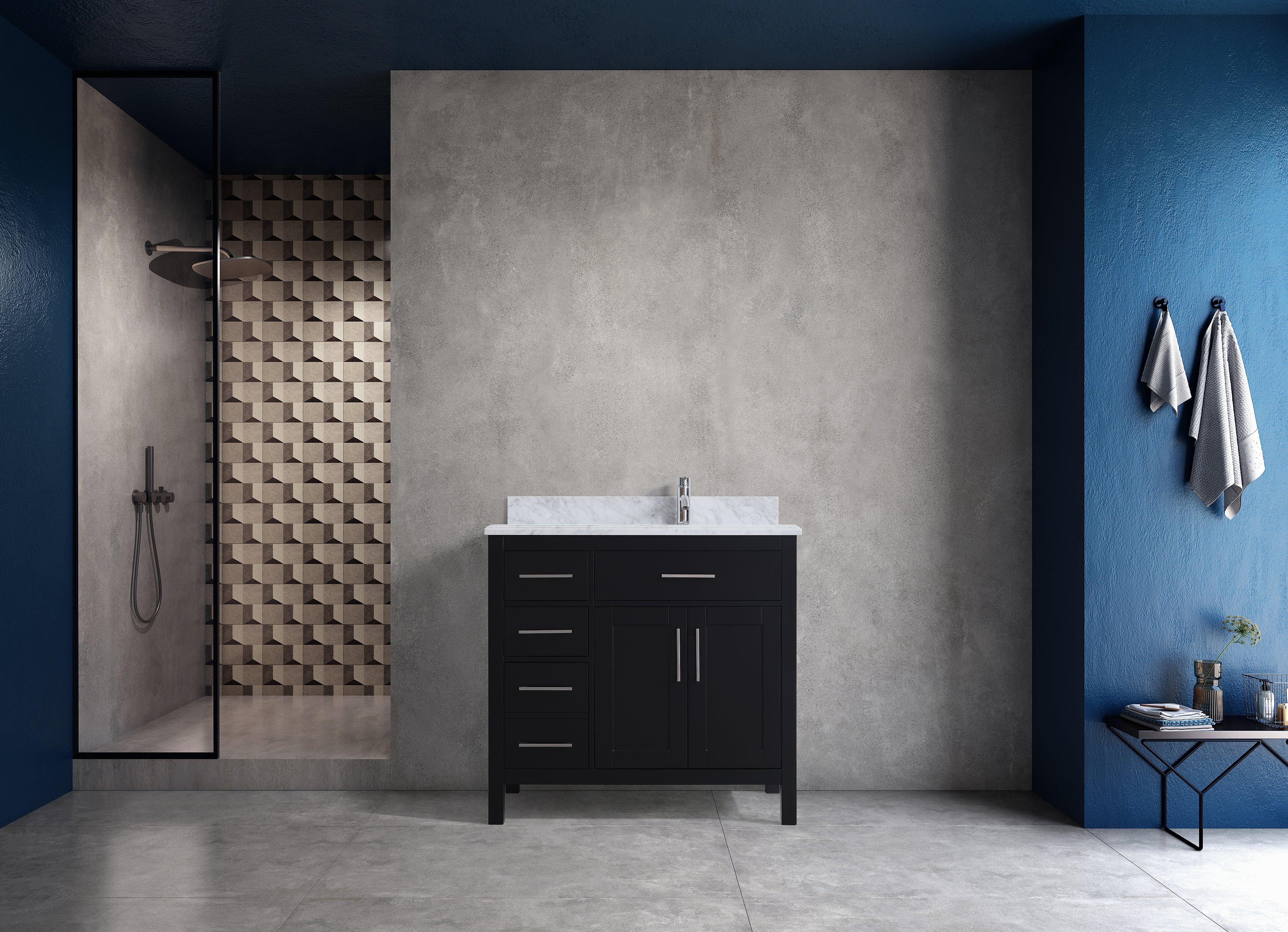 36" Black Freestanding Single Sink Bathroom Vanity with Carrera Marble Countertop