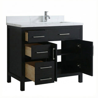 36" Black Freestanding Single Sink Bathroom Vanity with Engineered Calcutta Marble Countertop