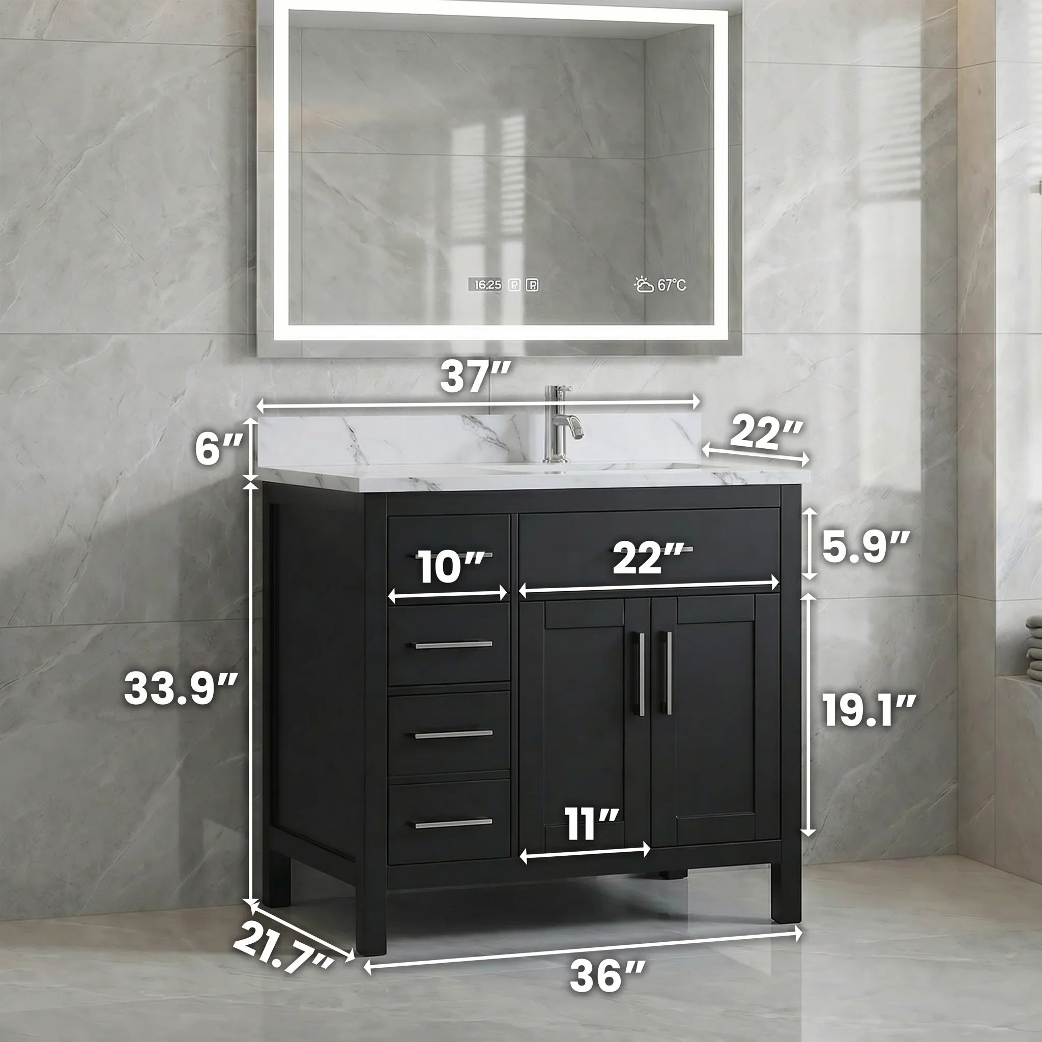 36" Black Freestanding Single Sink Bathroom Vanity with Engineered Calcutta Marble Countertop