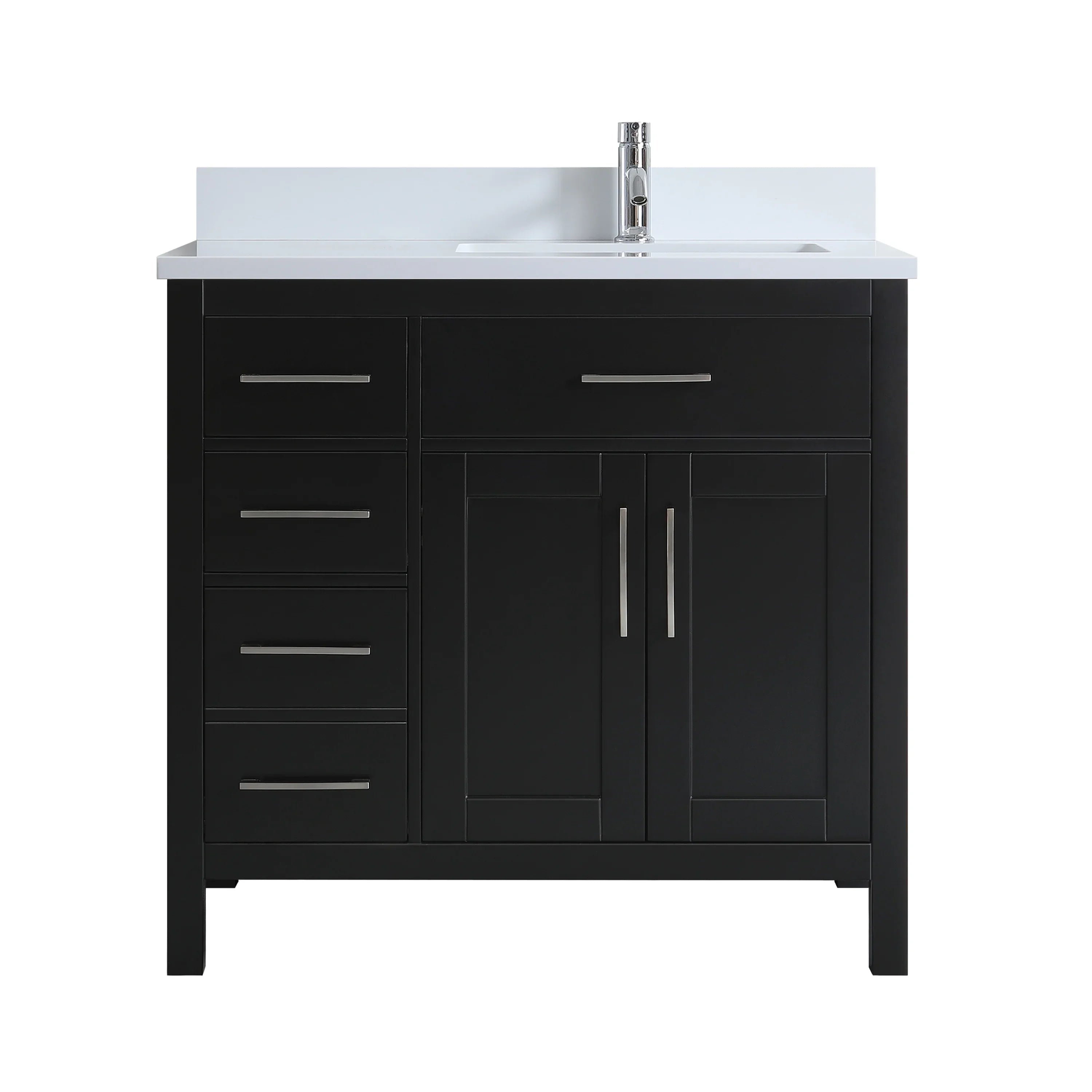Meuble-lavabo autoportant noir de 36 po avec comptoir en marbre blanc reconstitué