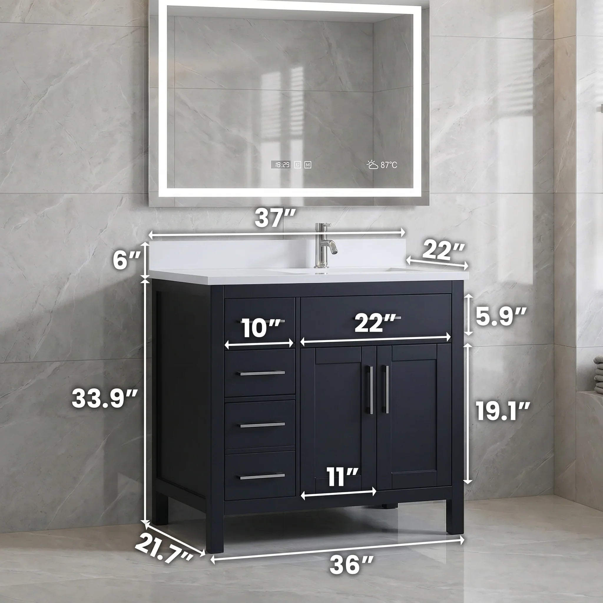 36" Black Freestanding Bathroom Vanity with Engineered White Marble Countertop