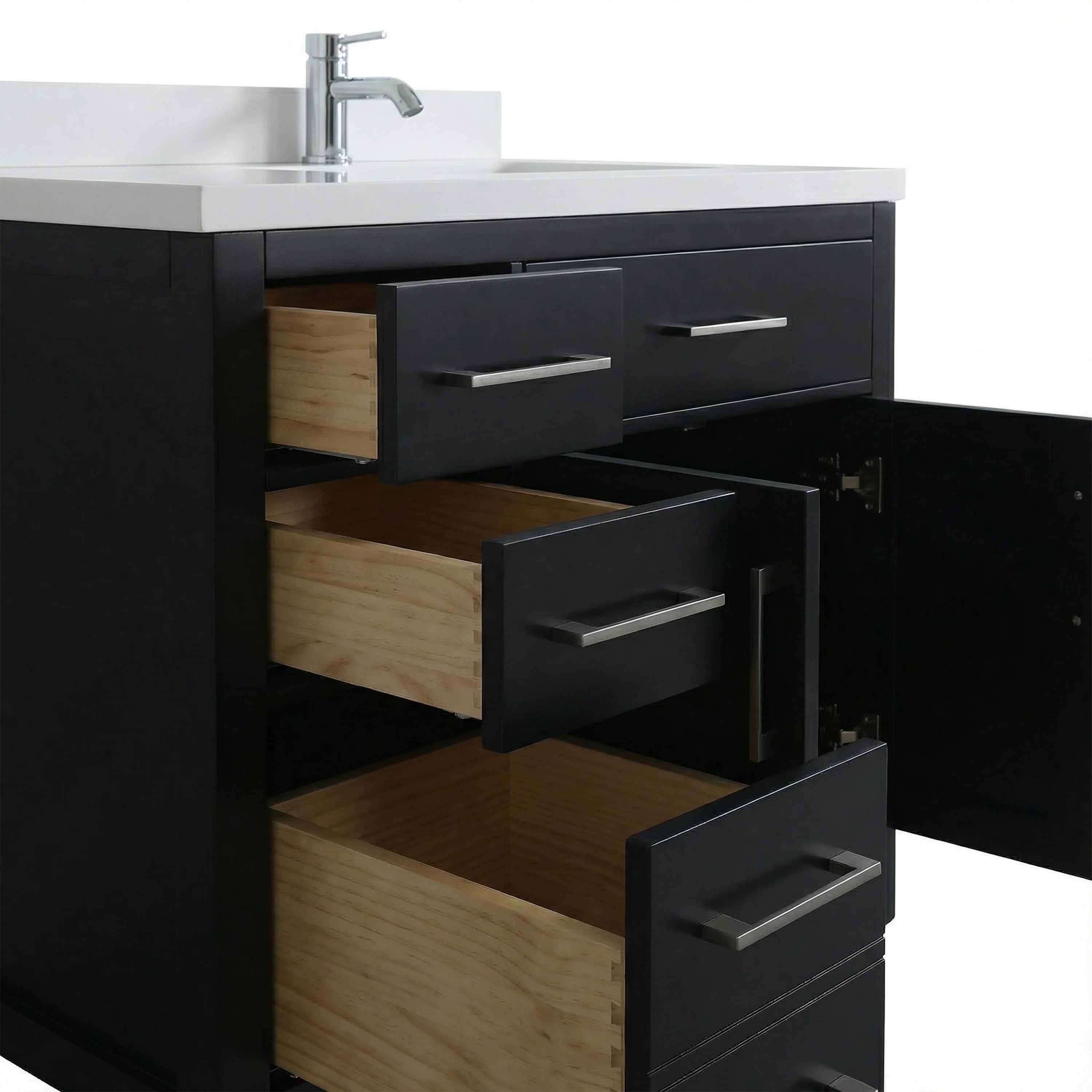 Meuble-lavabo autoportant noir de 36 po avec comptoir en marbre blanc reconstitué