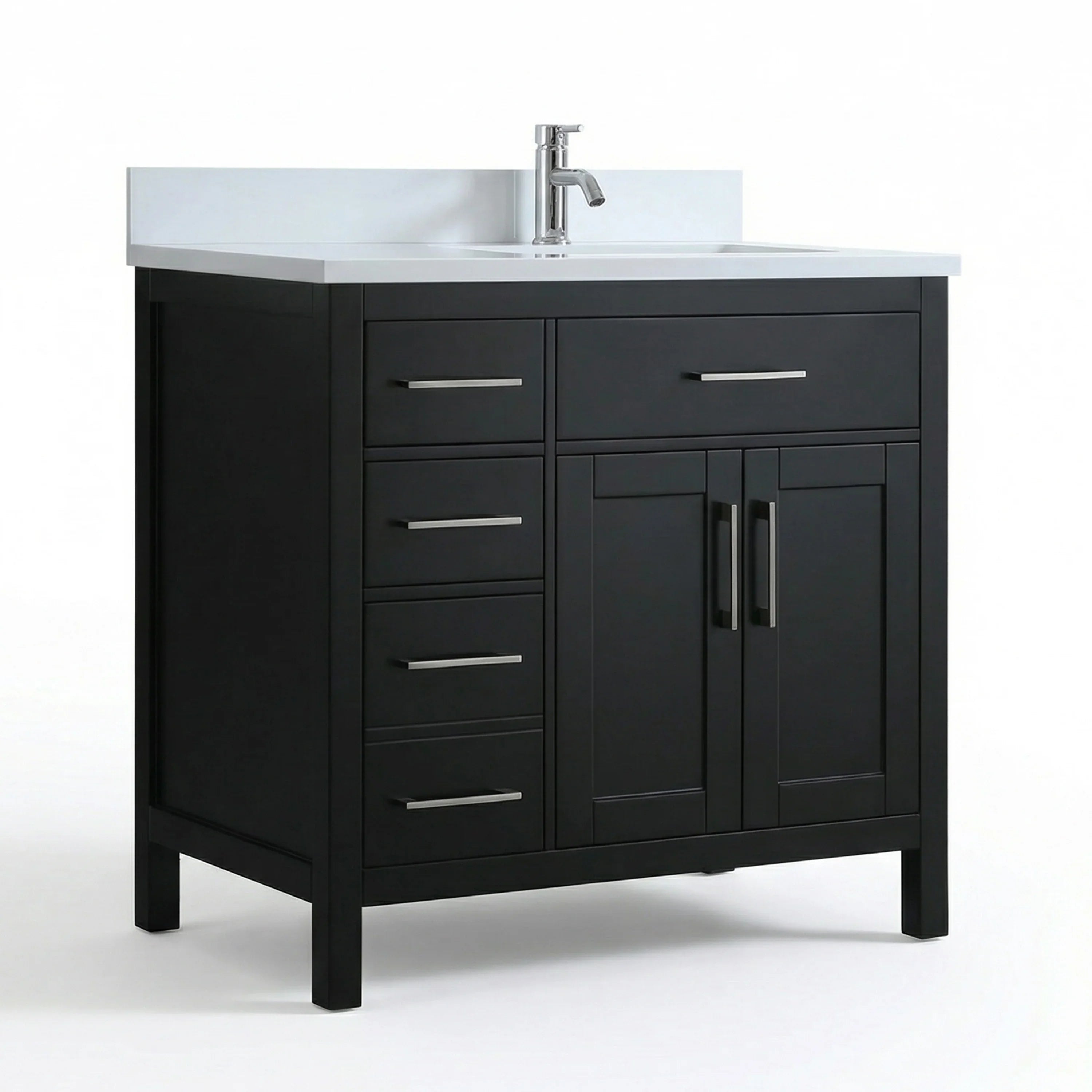 Meuble-lavabo autoportant noir de 36 po avec comptoir en marbre blanc reconstitué