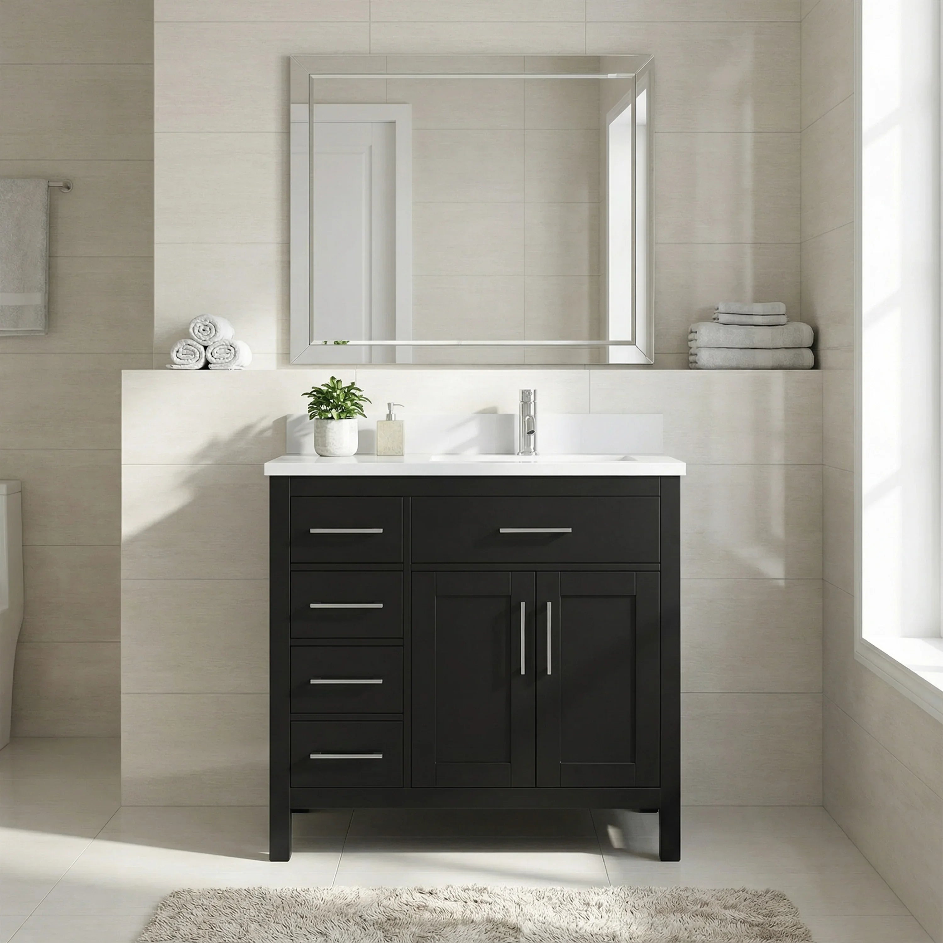Meuble-lavabo autoportant noir de 36 po avec comptoir en marbre blanc reconstitué