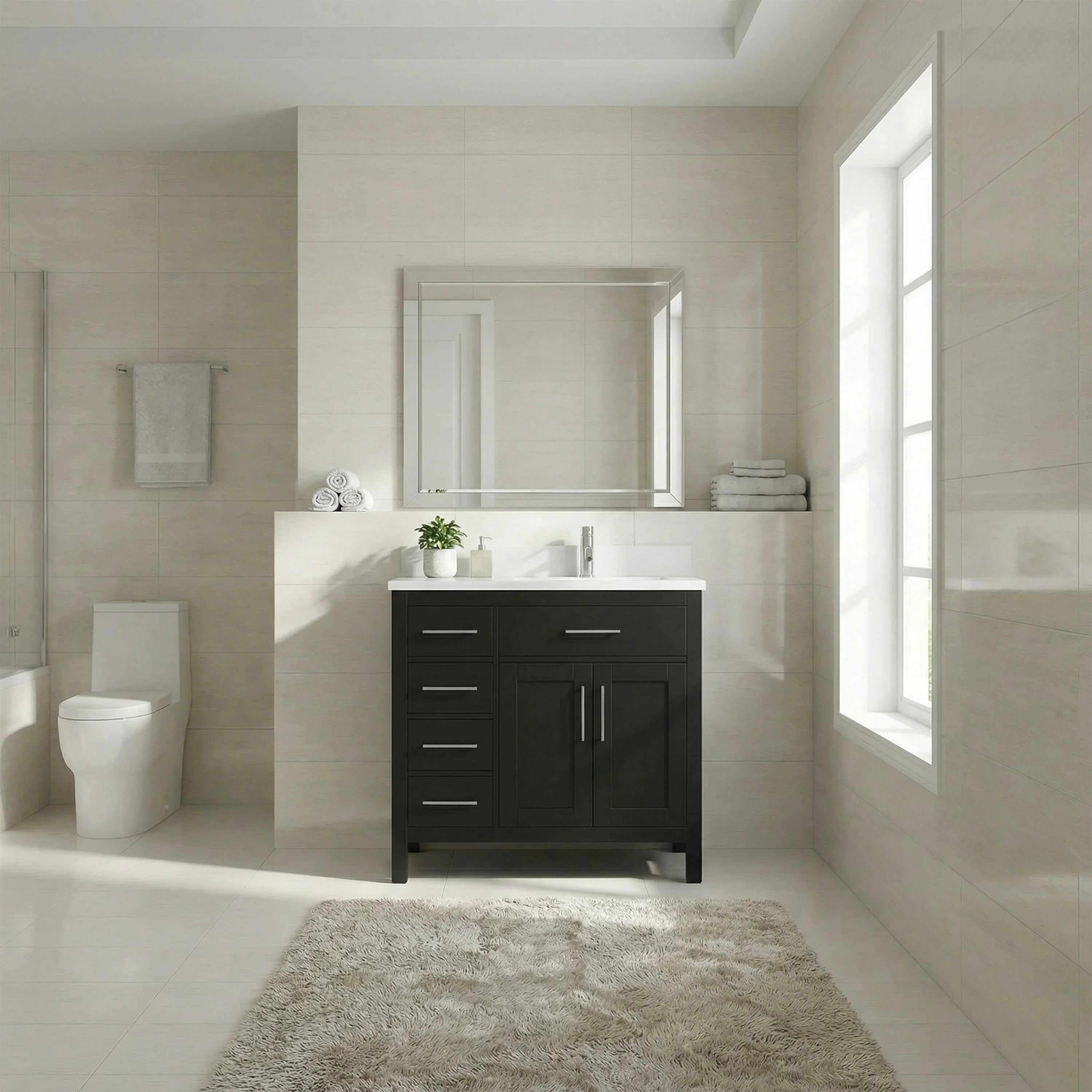 Meuble-lavabo autoportant noir de 36 po avec comptoir en marbre blanc reconstitué
