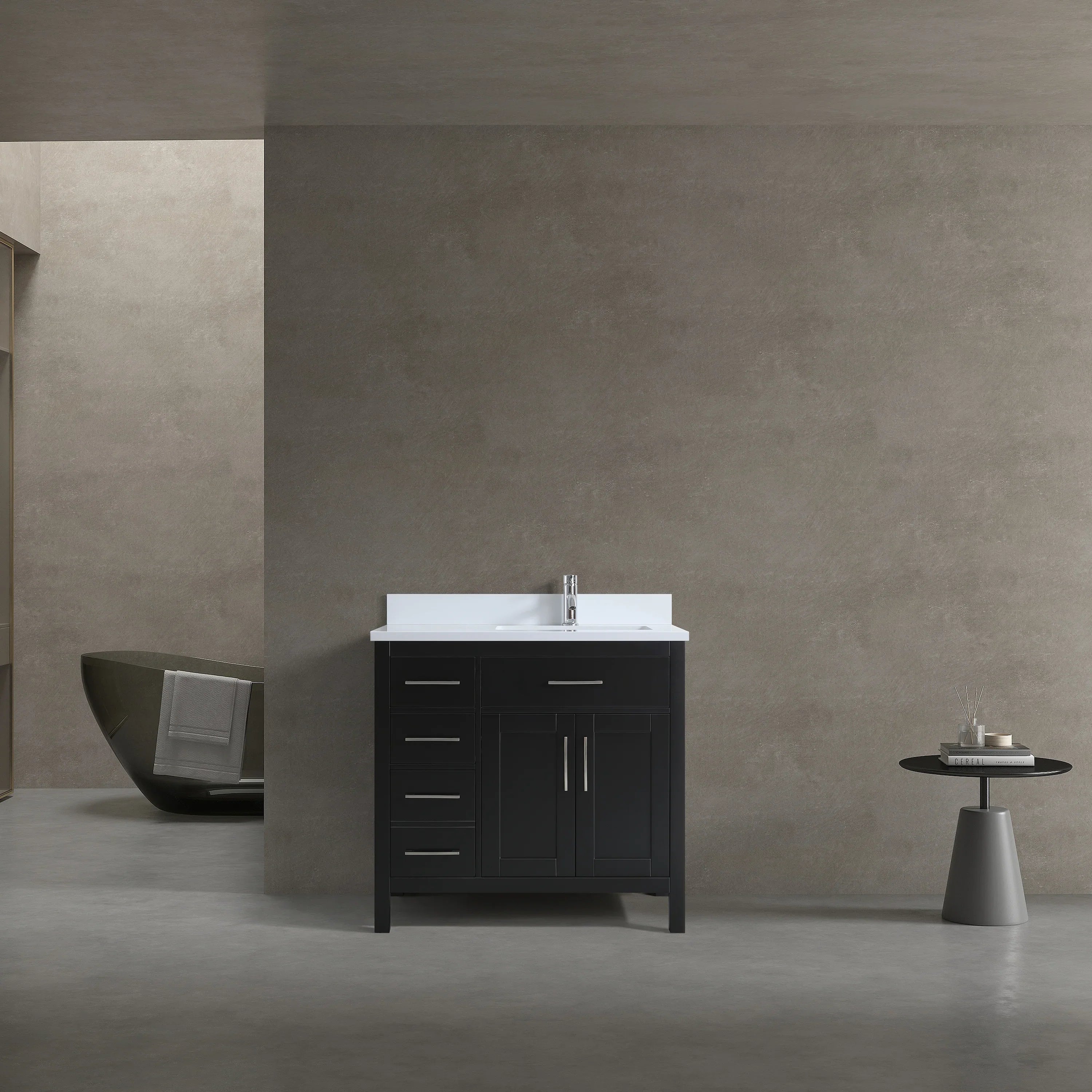 Meuble-lavabo autoportant noir de 36 po avec comptoir en marbre blanc reconstitué