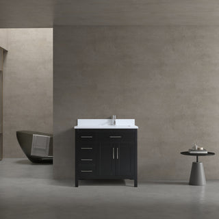 36" Black Freestanding Bathroom Vanity with Engineered White Marble Countertop