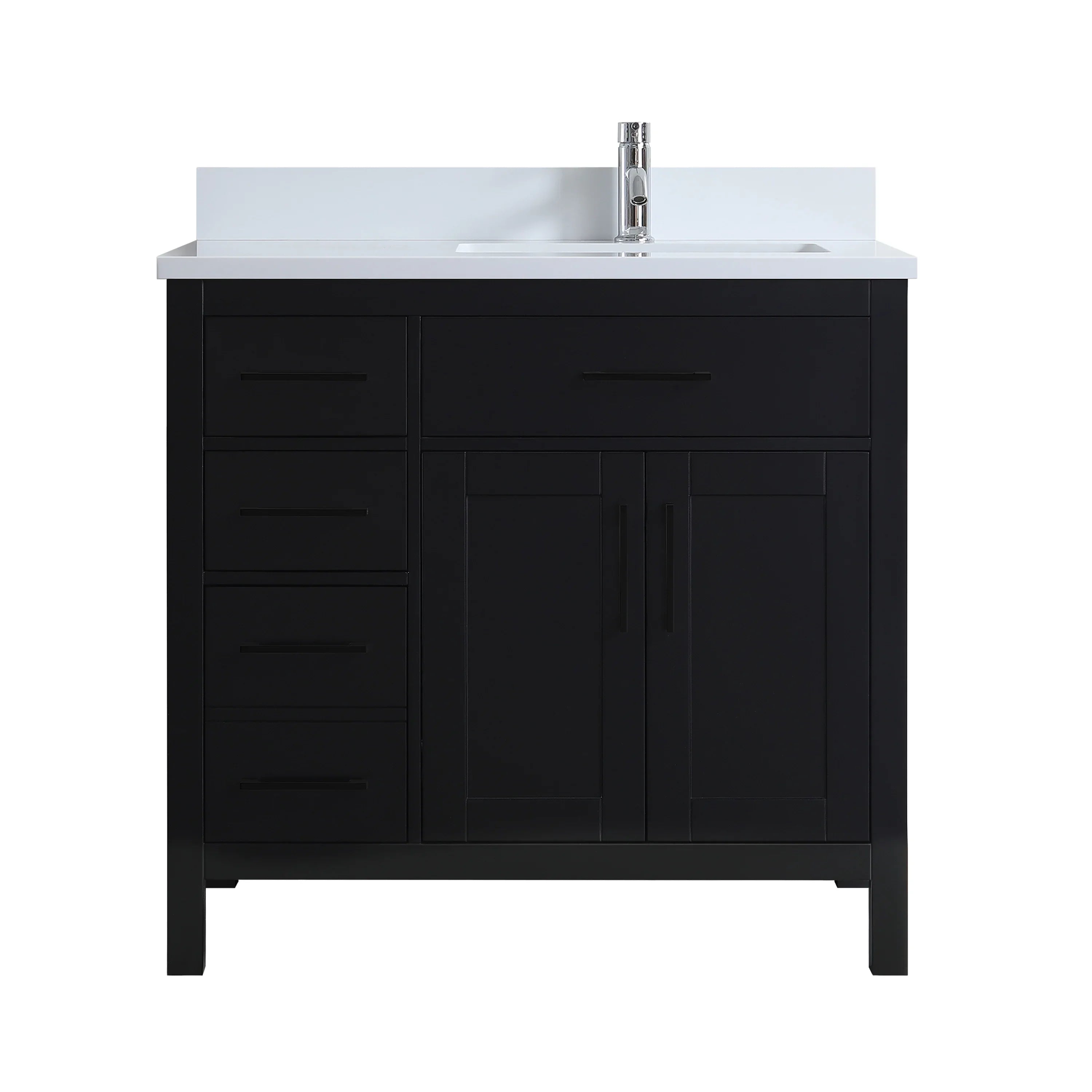 Meuble-lavabo autoportant noir de 36 po avec comptoir en marbre blanc reconstitué