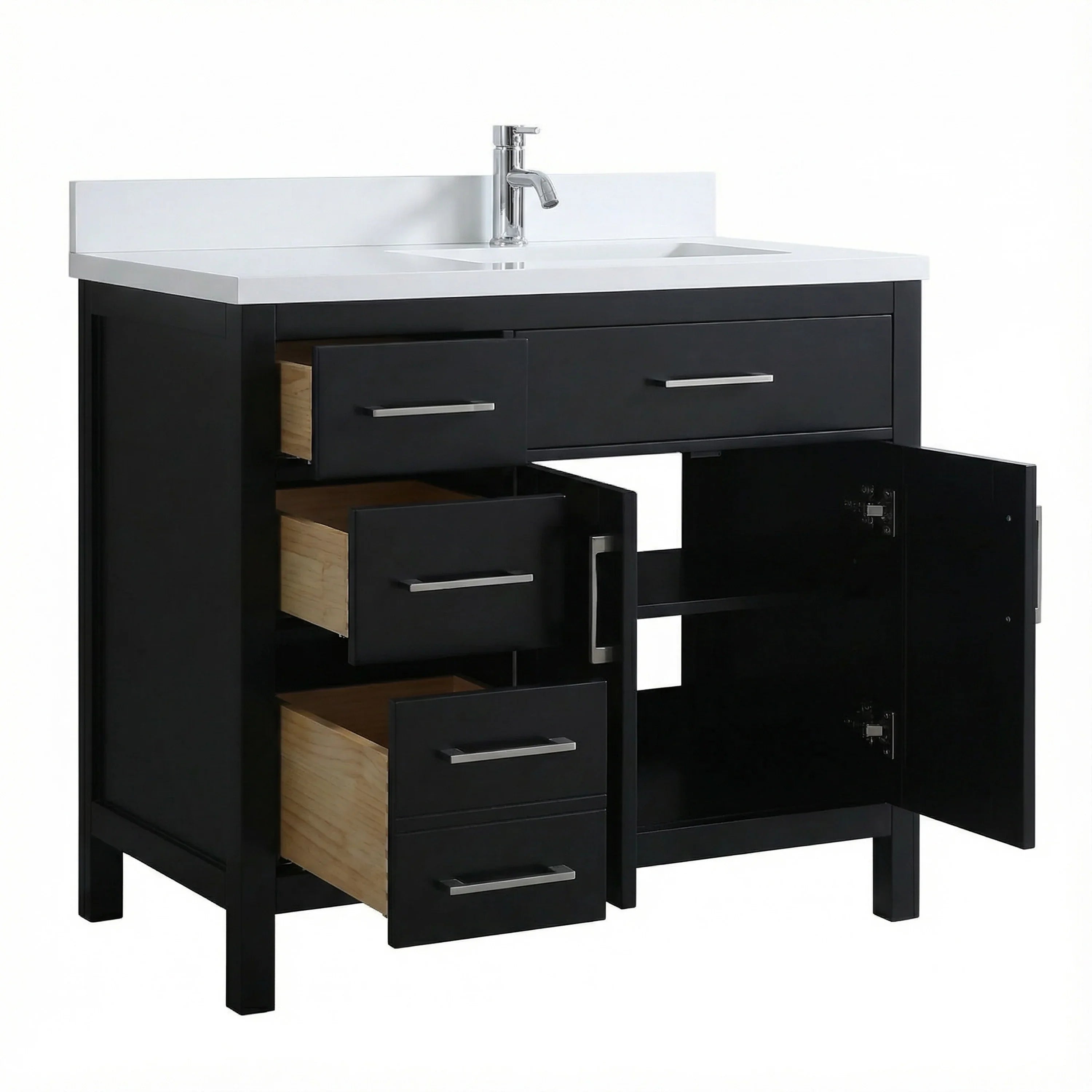 Meuble-lavabo autoportant noir de 36 po avec comptoir en marbre blanc reconstitué