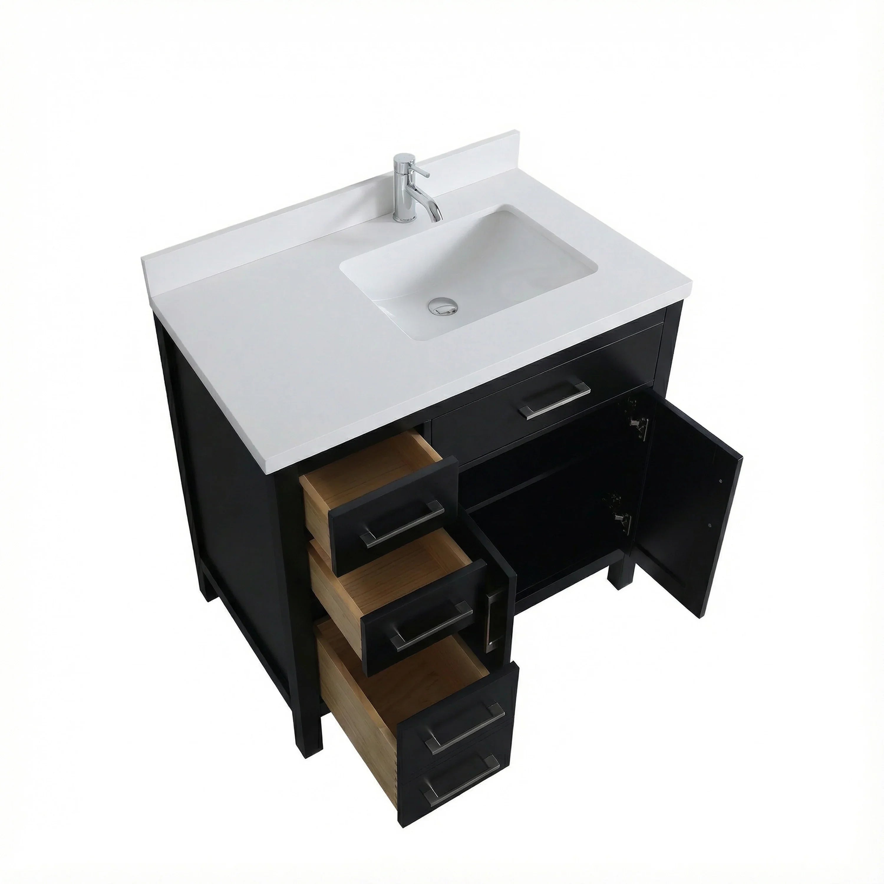 Meuble-lavabo autoportant noir de 36 po avec comptoir en marbre blanc reconstitué