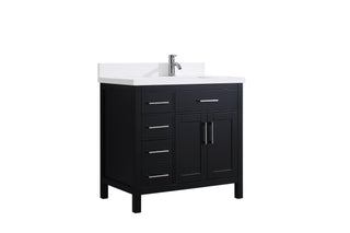 36" Black Freestanding Single Sink Bathroom Vanity with White Quartz Countertop