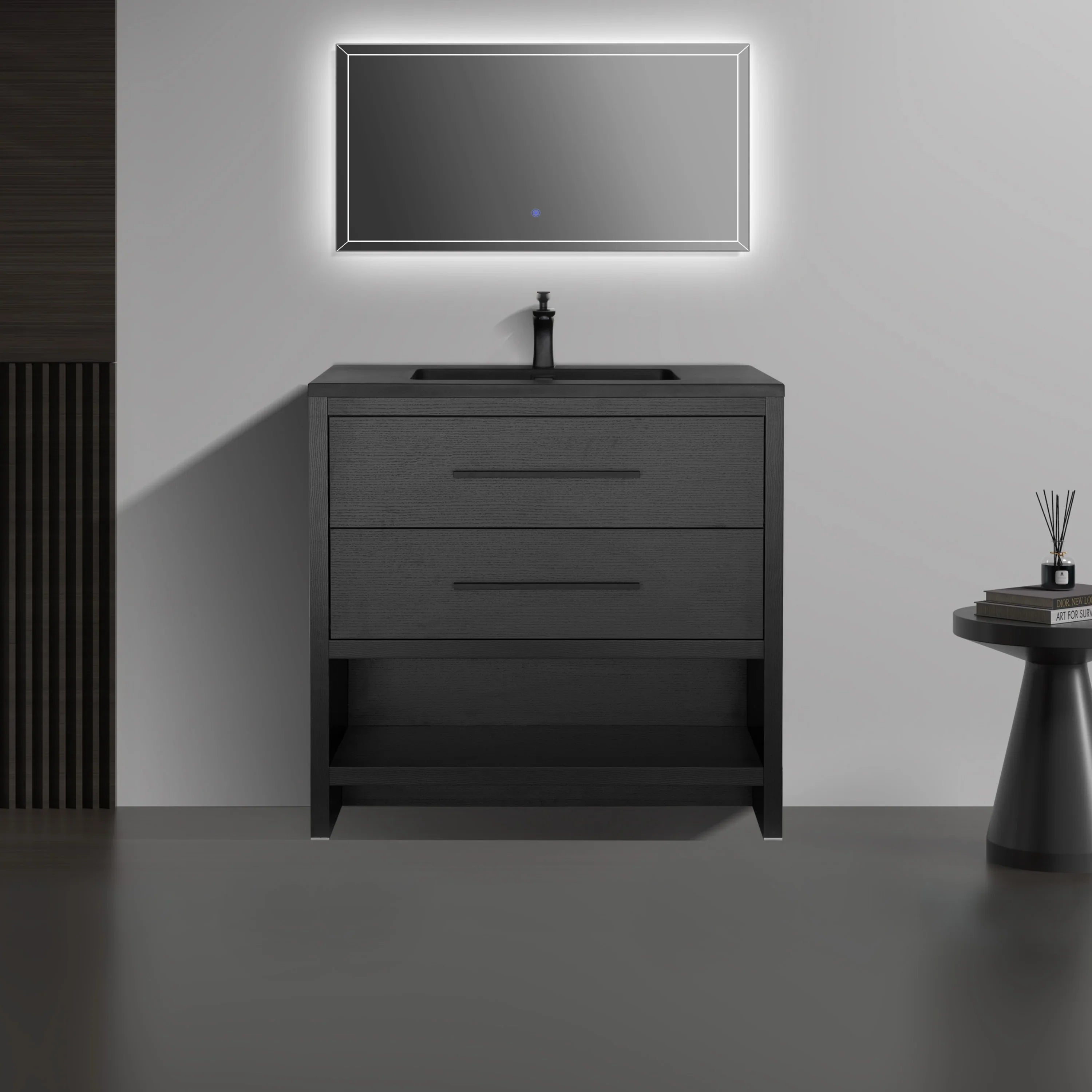36" Black Rough Oak Freestanding Bathroom Vanity with Black Engineered Quartz Countertop