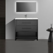 36" Black Rough Oak Freestanding Bathroom Vanity with White Polymarble Countertop