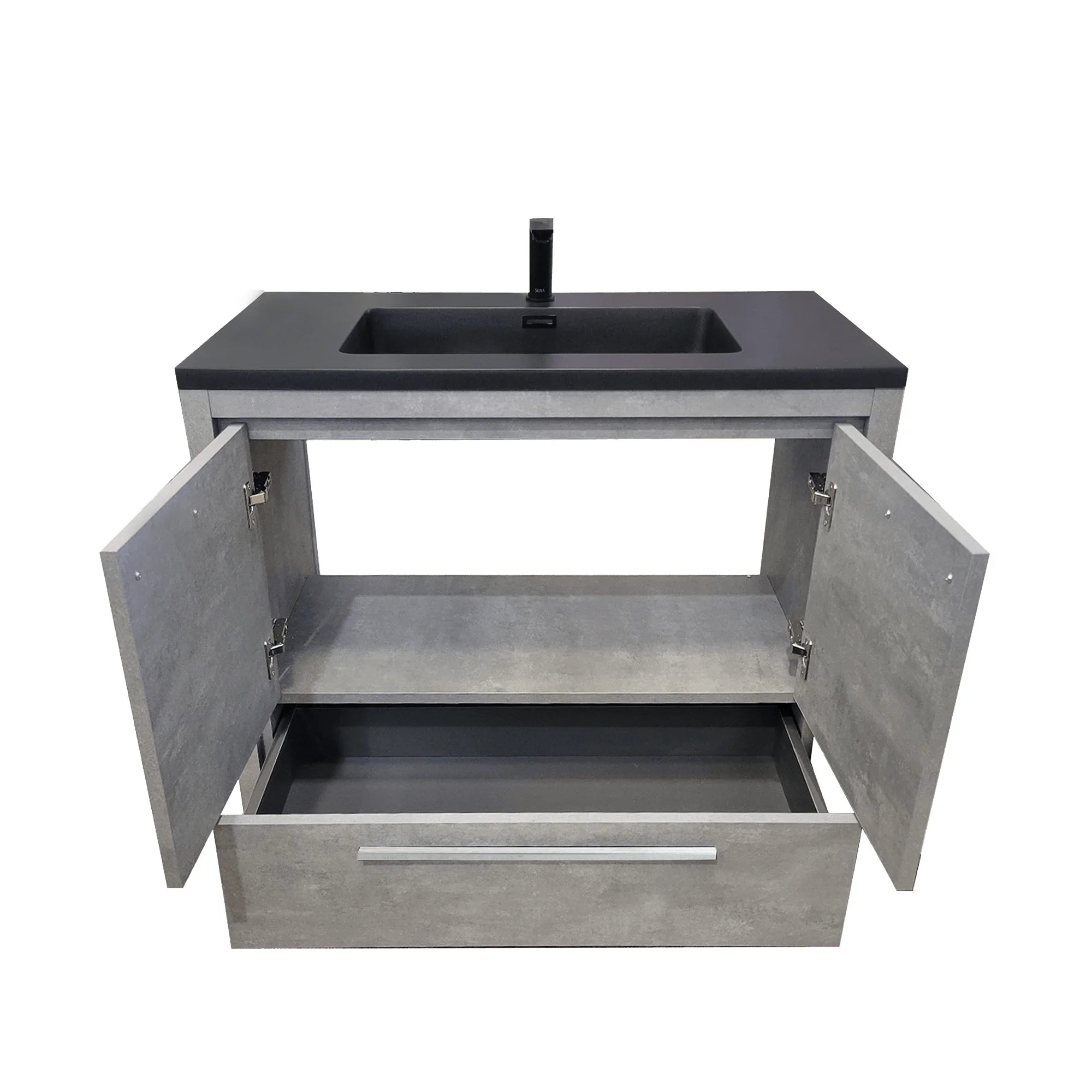 36" Cement Freestanding Bathroom Vanity with Black Quartz Engineered Countertop