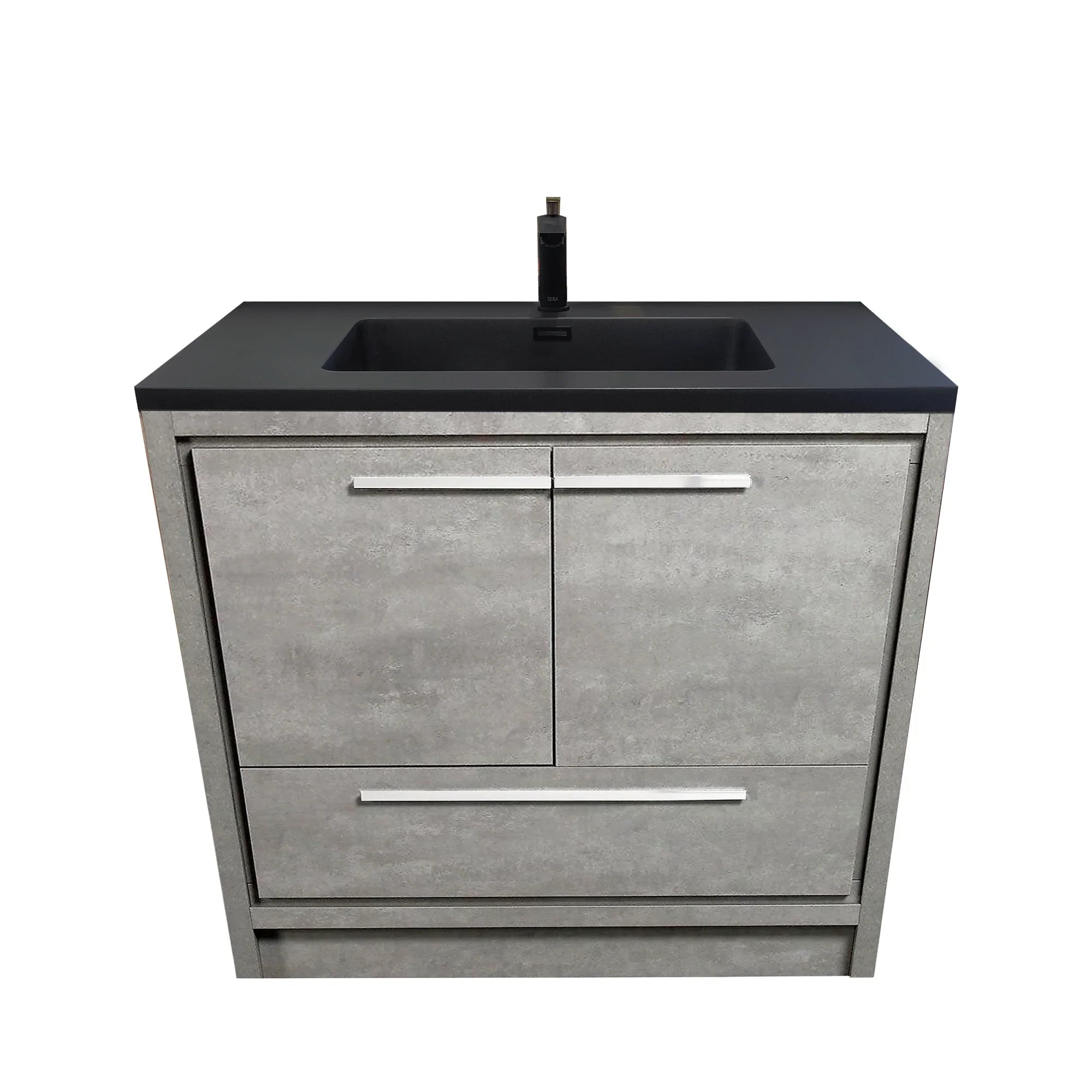 36" Cement Freestanding Bathroom Vanity with Black Quartz Engineered Countertop