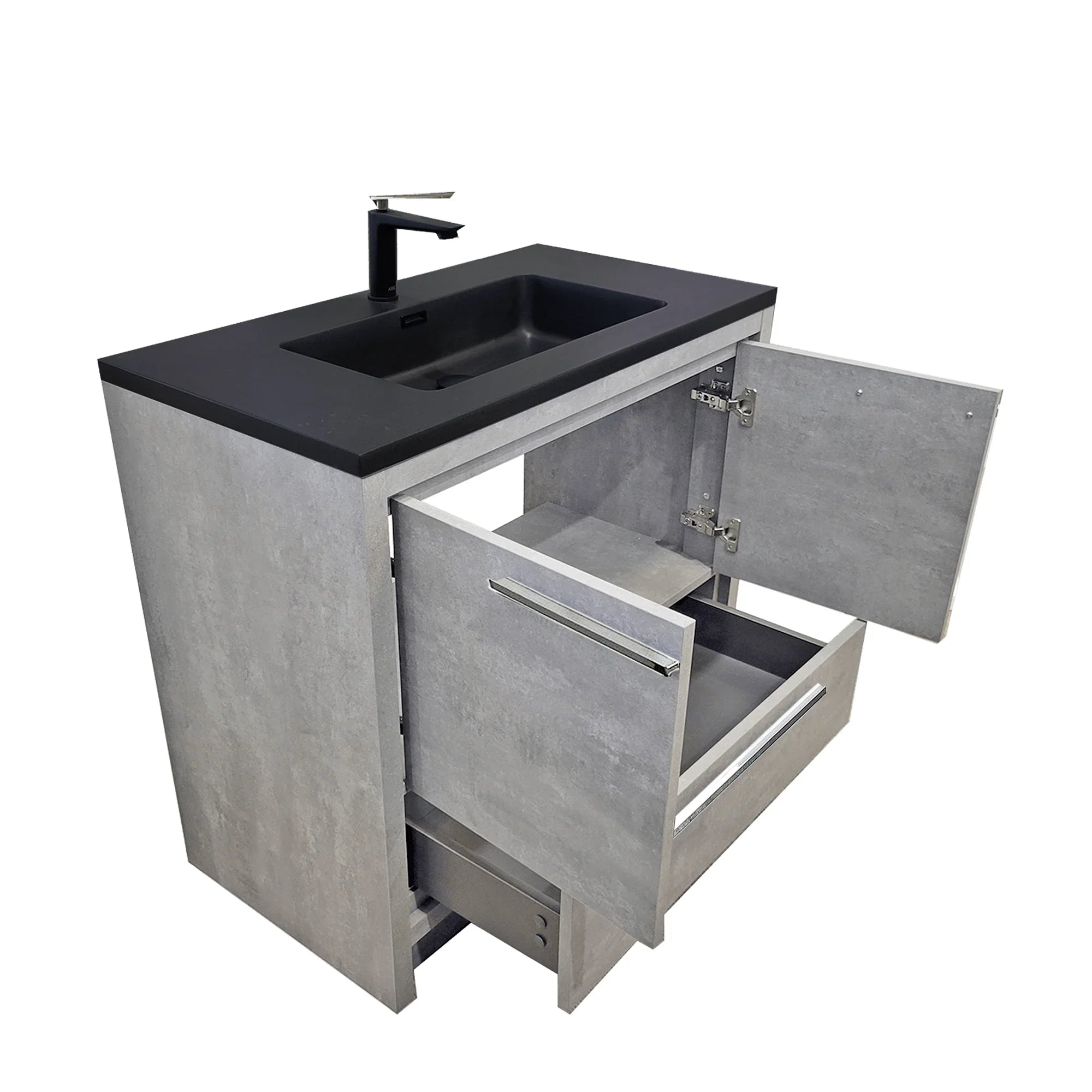 36" Cement Freestanding Bathroom Vanity with Black Quartz Engineered Countertop