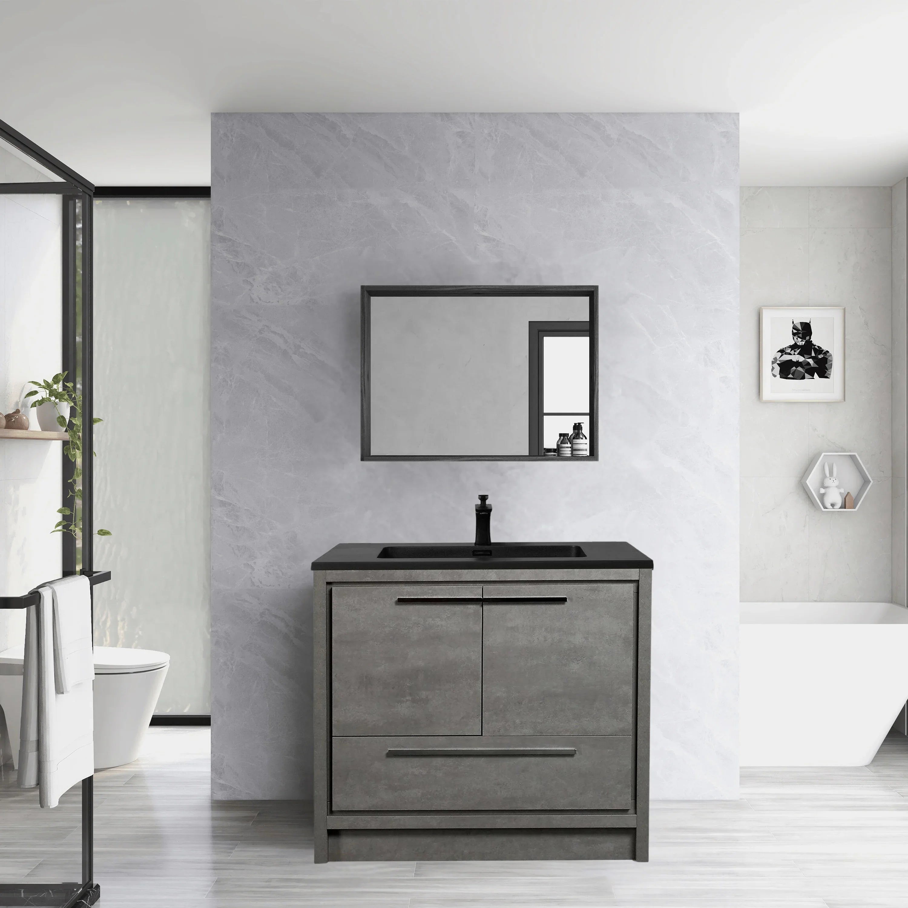 36" Cement Freestanding Bathroom Vanity with Black Quartz Engineered Countertop