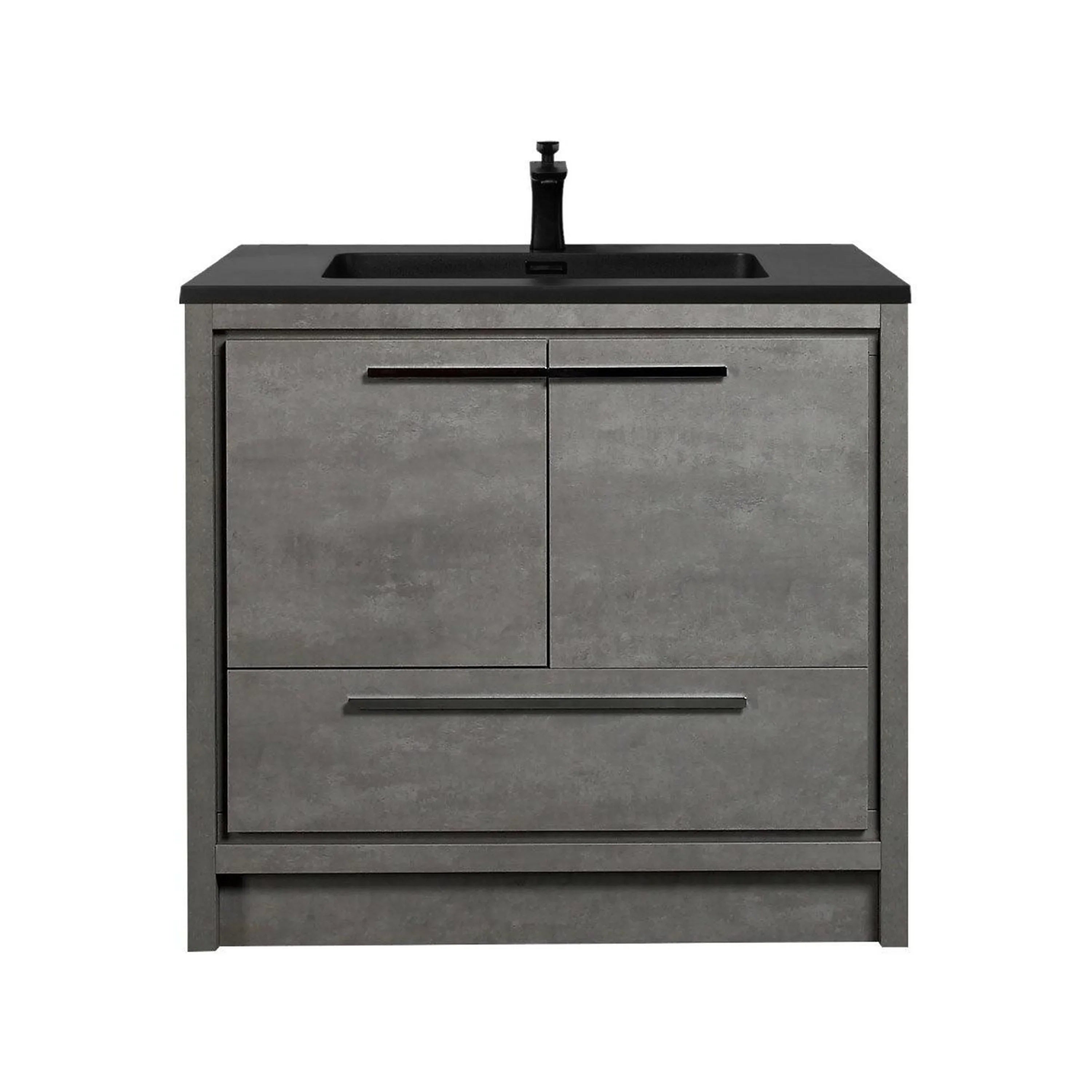 36" Cement Freestanding Bathroom Vanity with Black Quartz Engineered Countertop