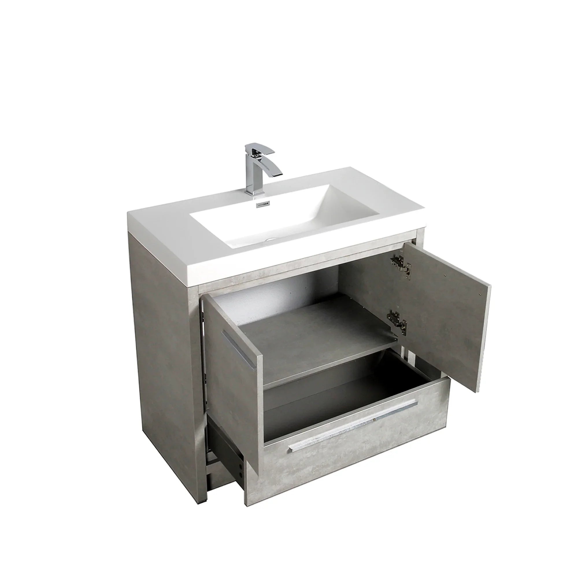 Meuble-Lavabo Autoportant 36po Ciment avec Comptoir de Polymarbre Blanc 