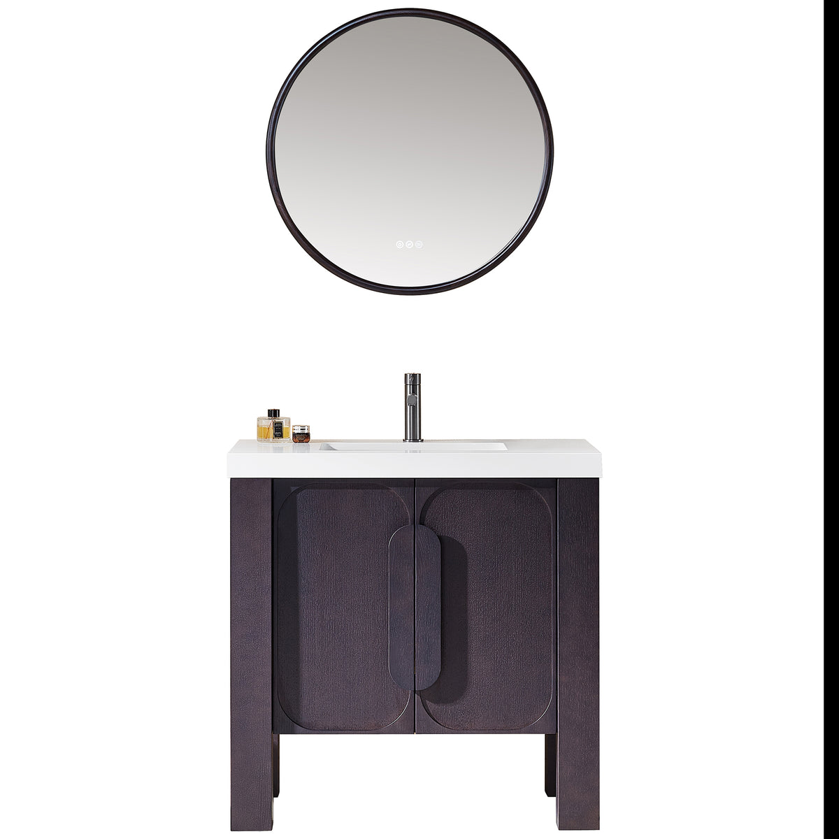 Meuble-lavabo autoportant 36 po chêne espresso avec comptoir en quartz blanc pur