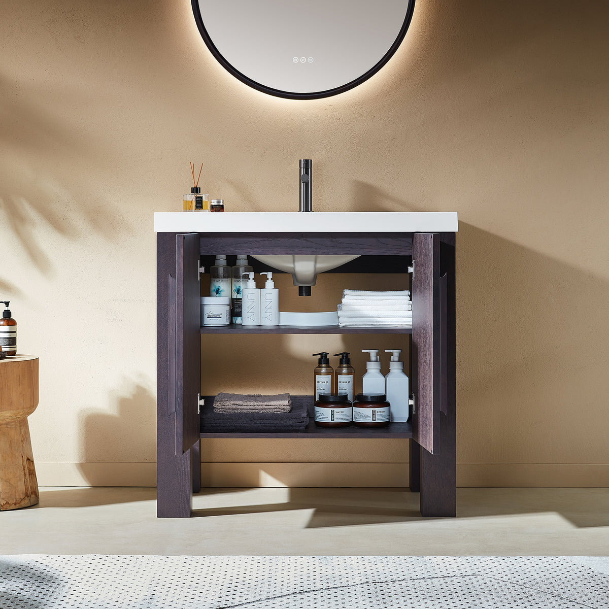 Meuble-lavabo autoportant 36 po chêne espresso avec comptoir en quartz blanc pur