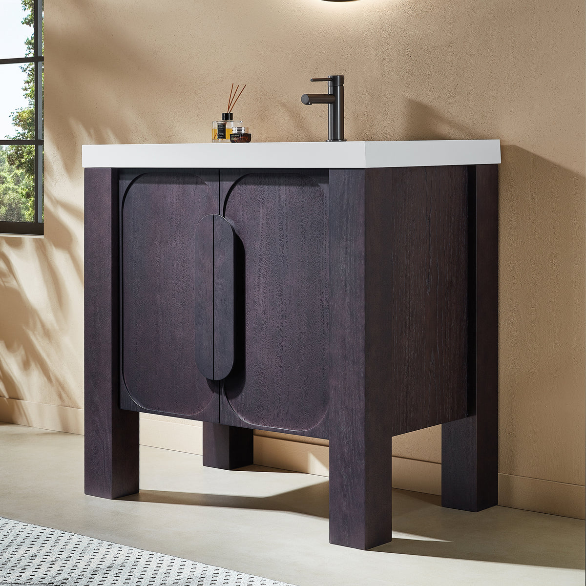Meuble-lavabo autoportant 36 po chêne espresso avec comptoir en quartz blanc pur