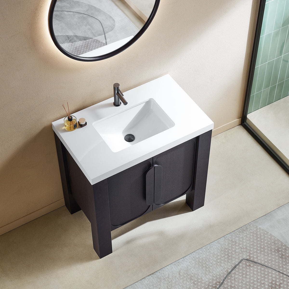 Meuble-lavabo autoportant 36 po chêne espresso avec comptoir en quartz blanc pur
