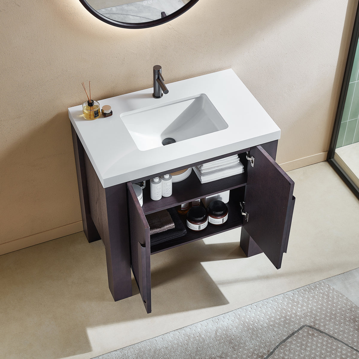 Meuble-lavabo autoportant 36 po chêne espresso avec comptoir en quartz blanc pur