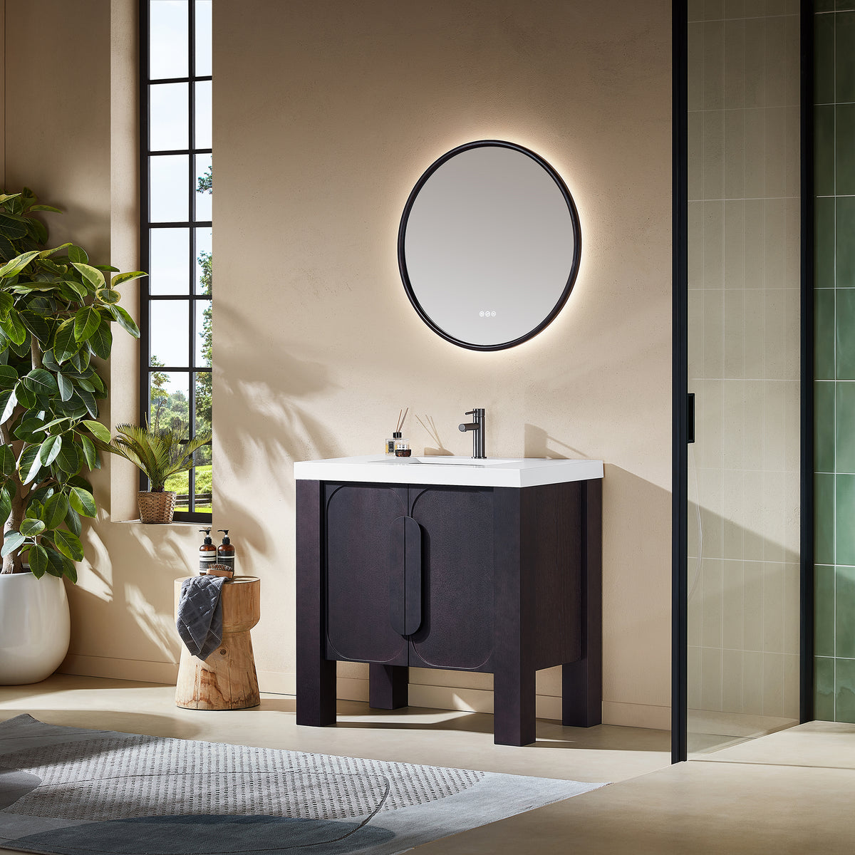 Meuble-lavabo autoportant 36 po chêne espresso avec comptoir en quartz blanc pur